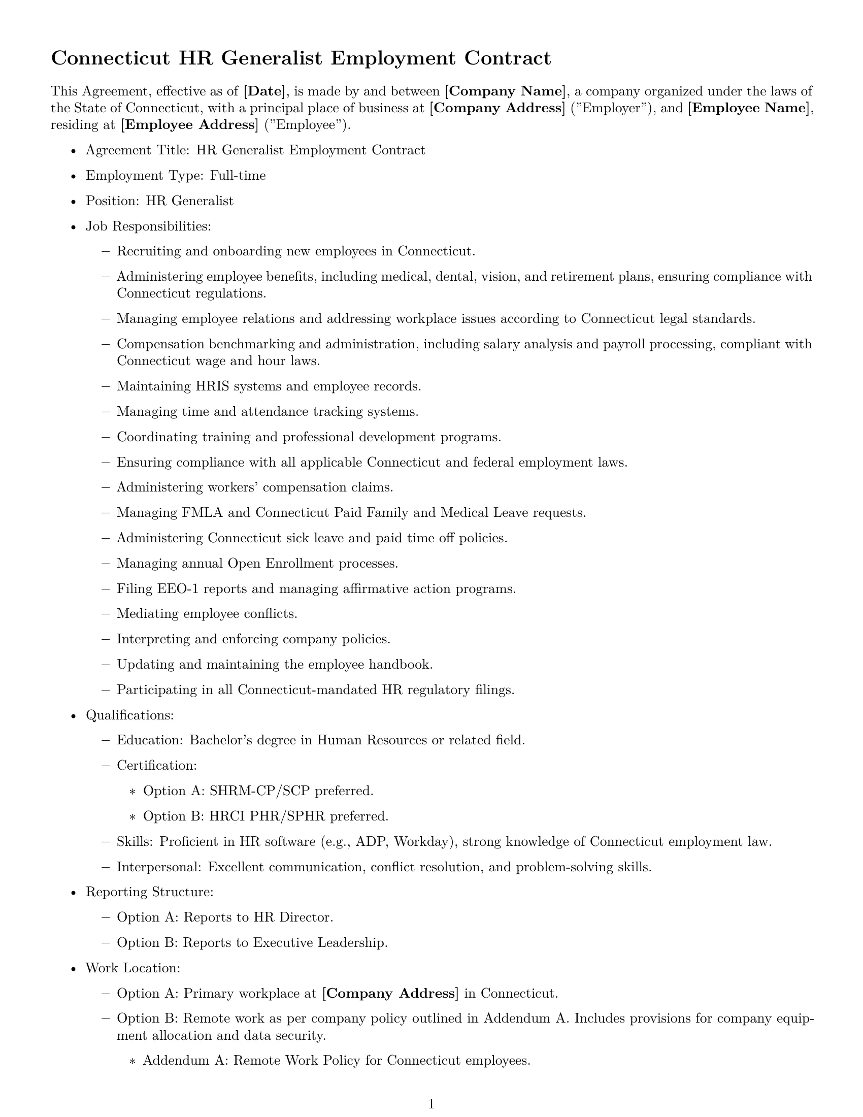 Preview page 1 of Free Connecticut HR generalist employment contract template