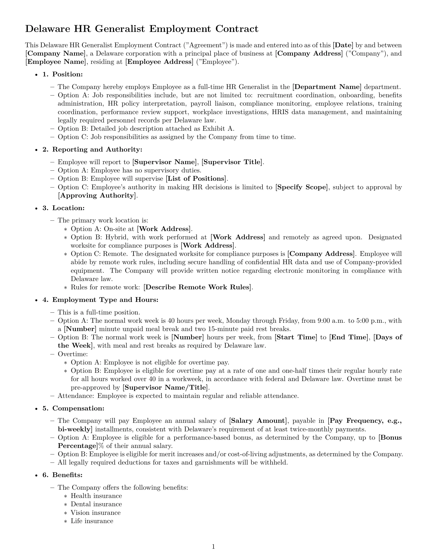 Preview page 1 of Free Delaware HR generalist employment contract template