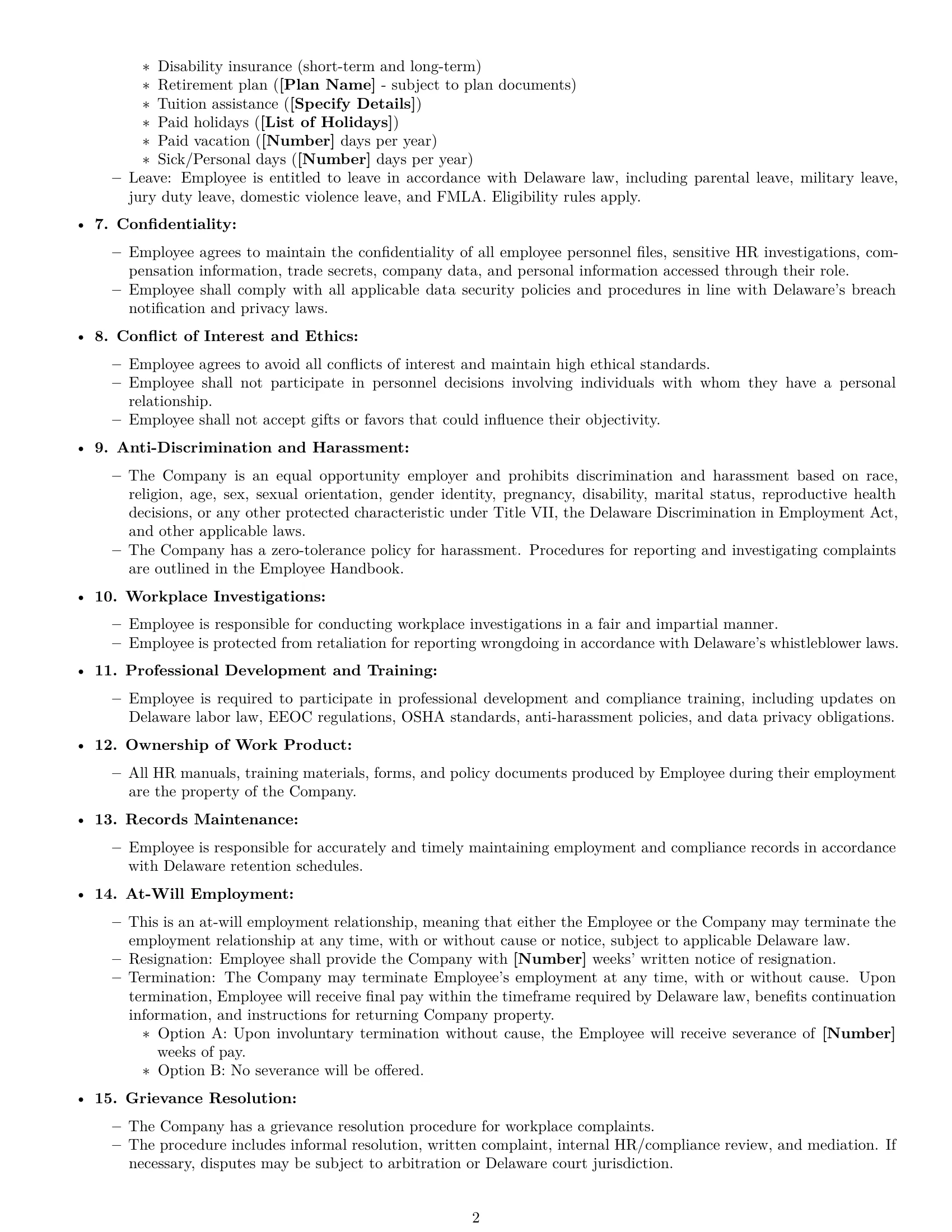 Preview page 2 of Free Delaware HR generalist employment contract template
