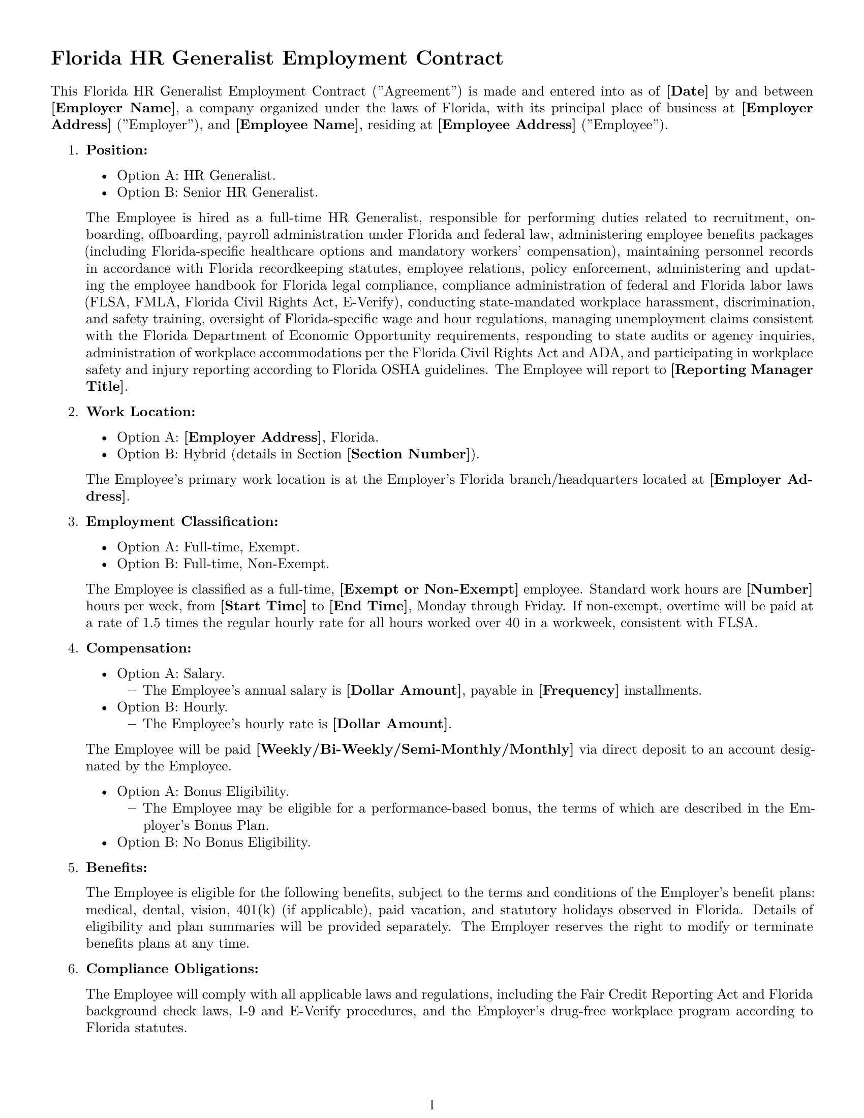 Preview page 1 of Free Florida HR generalist employment contract template