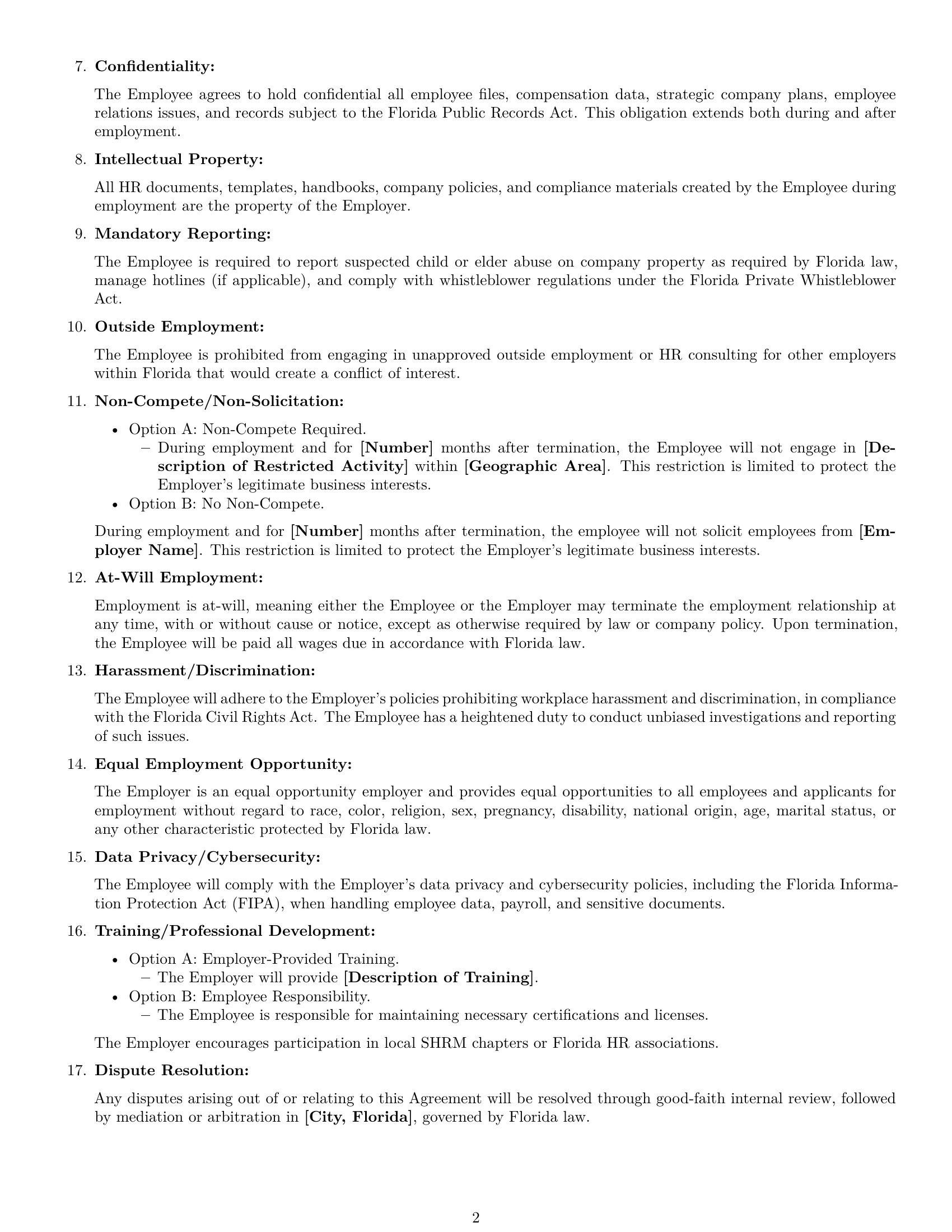 Preview page 2 of Free Florida HR generalist employment contract template