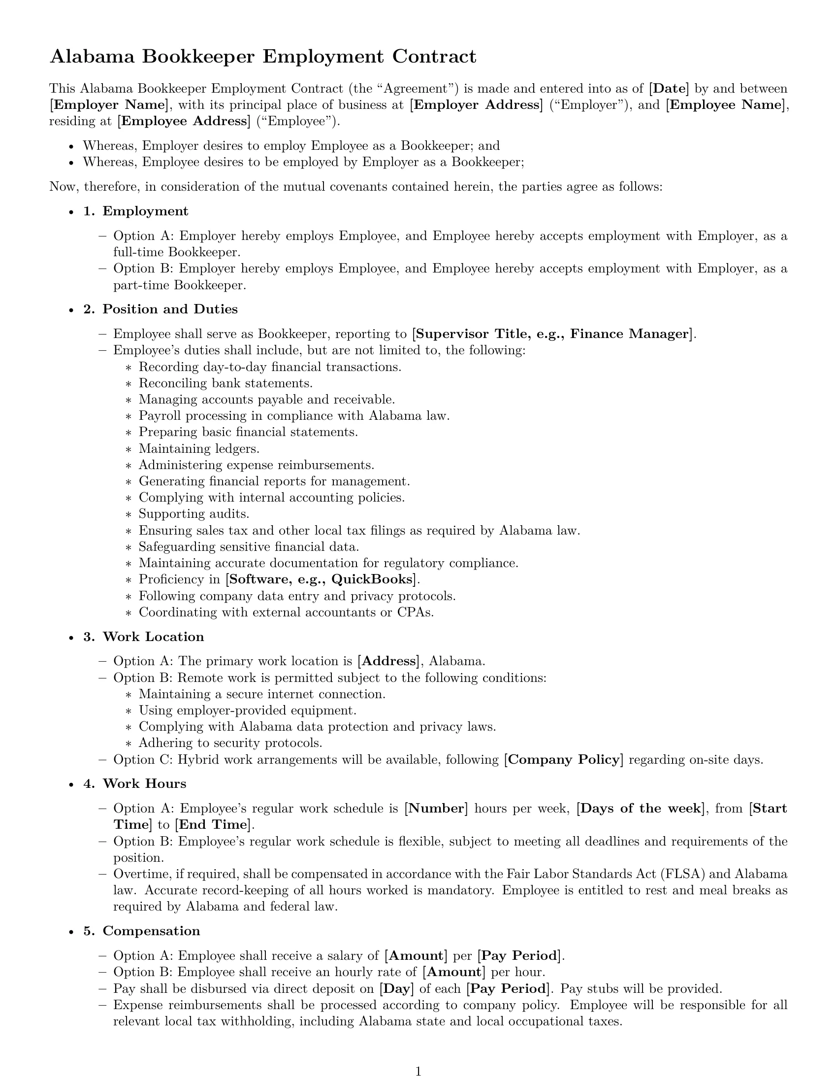 Preview page 1 of Free Alabama bookkeeper employment contract template