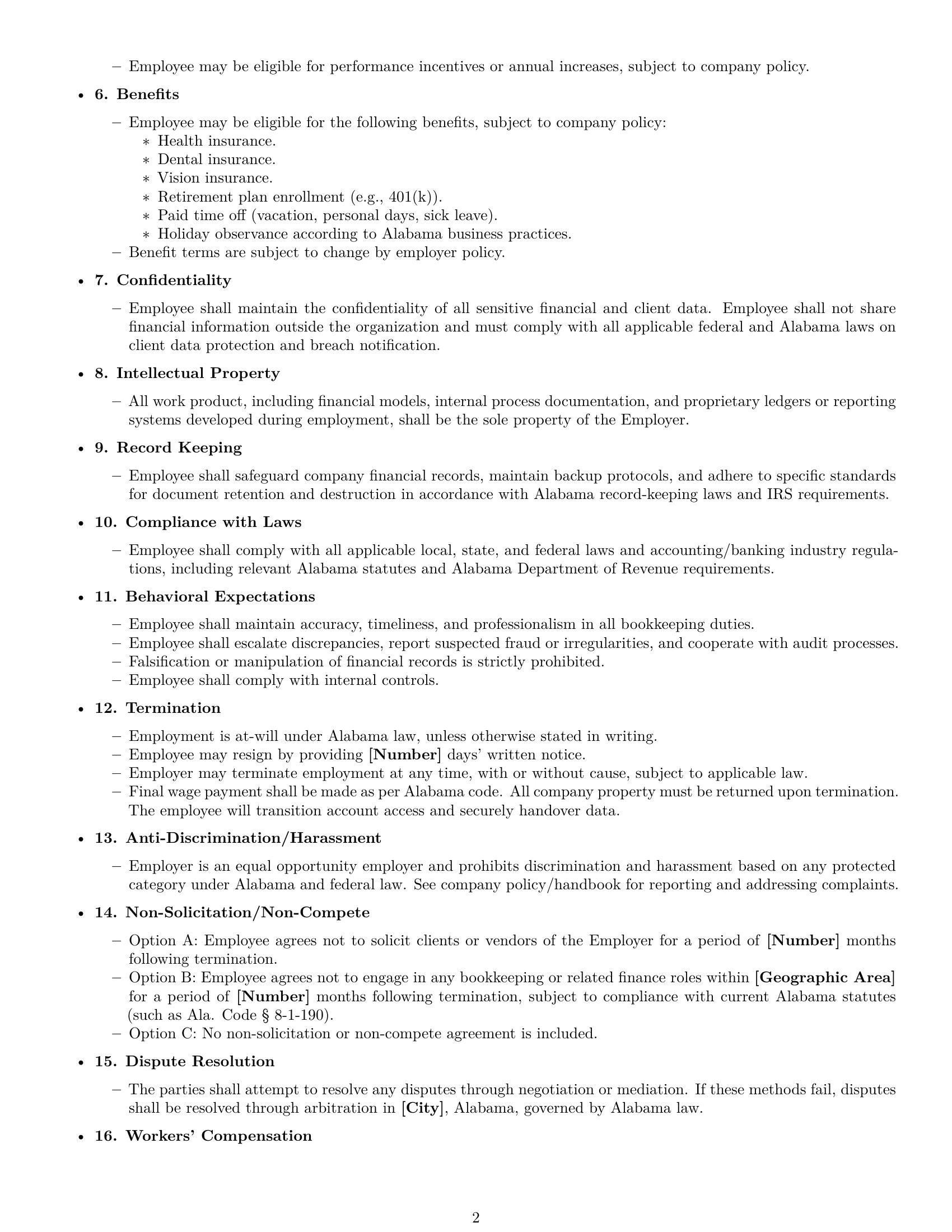 Preview page 2 of Free Alabama bookkeeper employment contract template