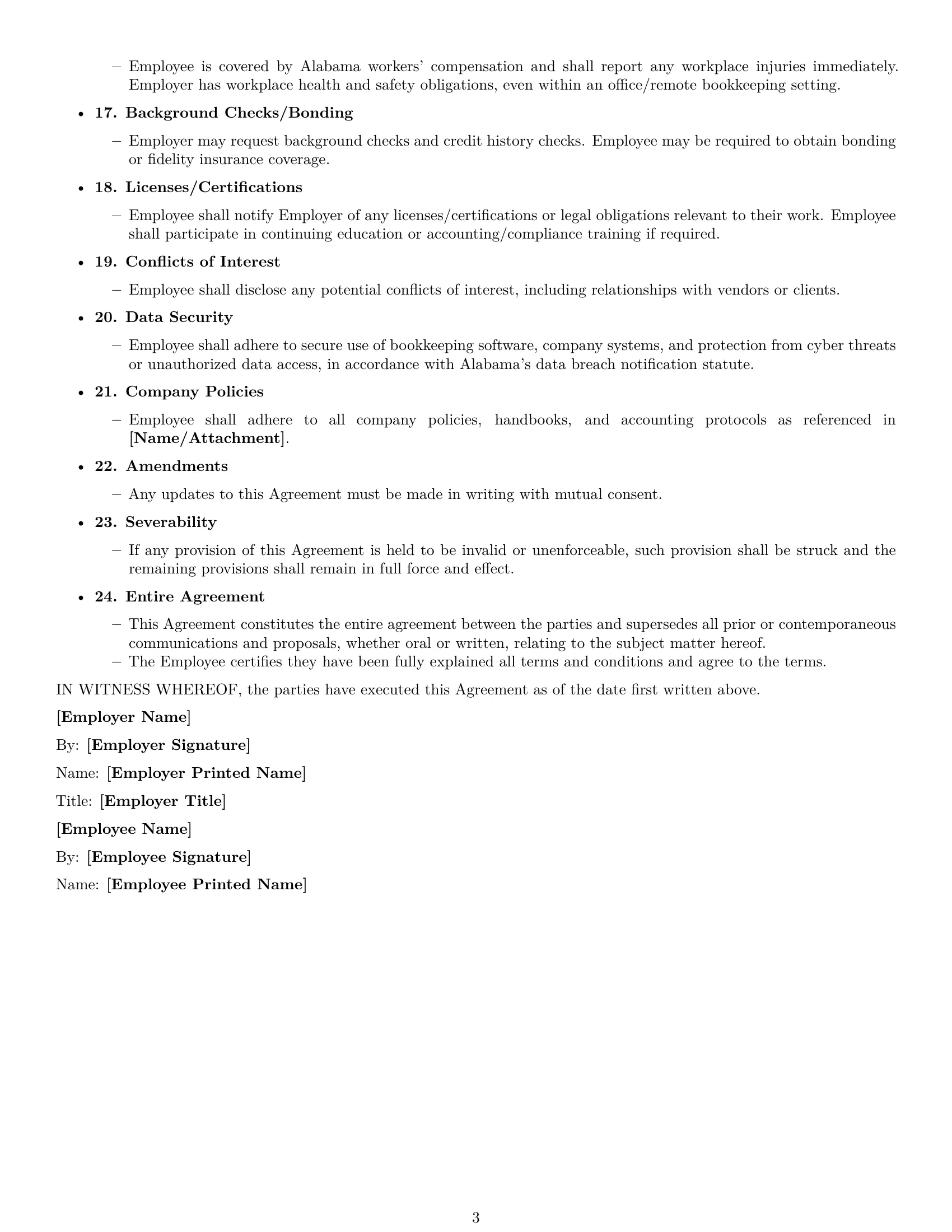 Preview page 3 of Free Alabama bookkeeper employment contract template