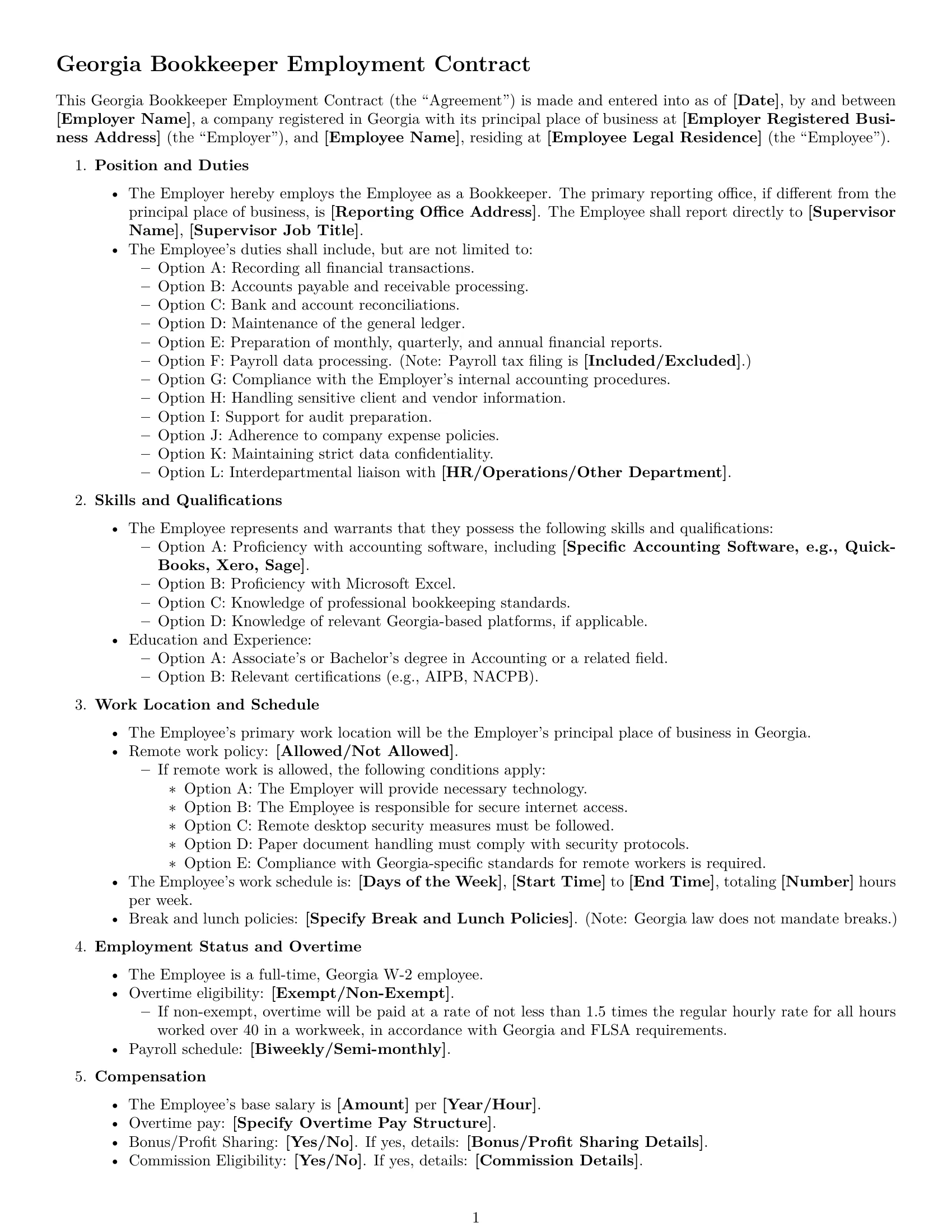Preview page 1 of Free Georgia bookkeeper employment contract template
