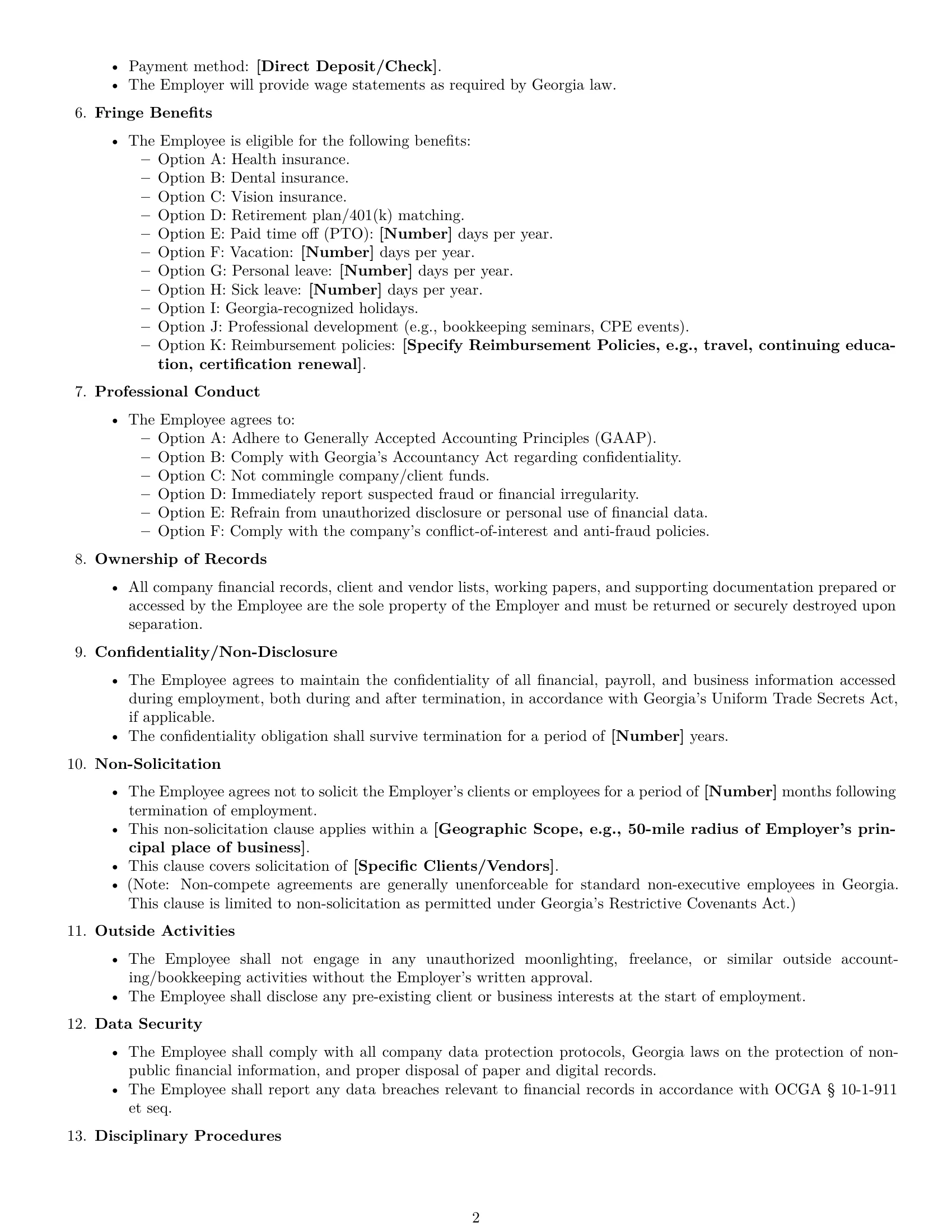 Preview page 2 of Free Georgia bookkeeper employment contract template