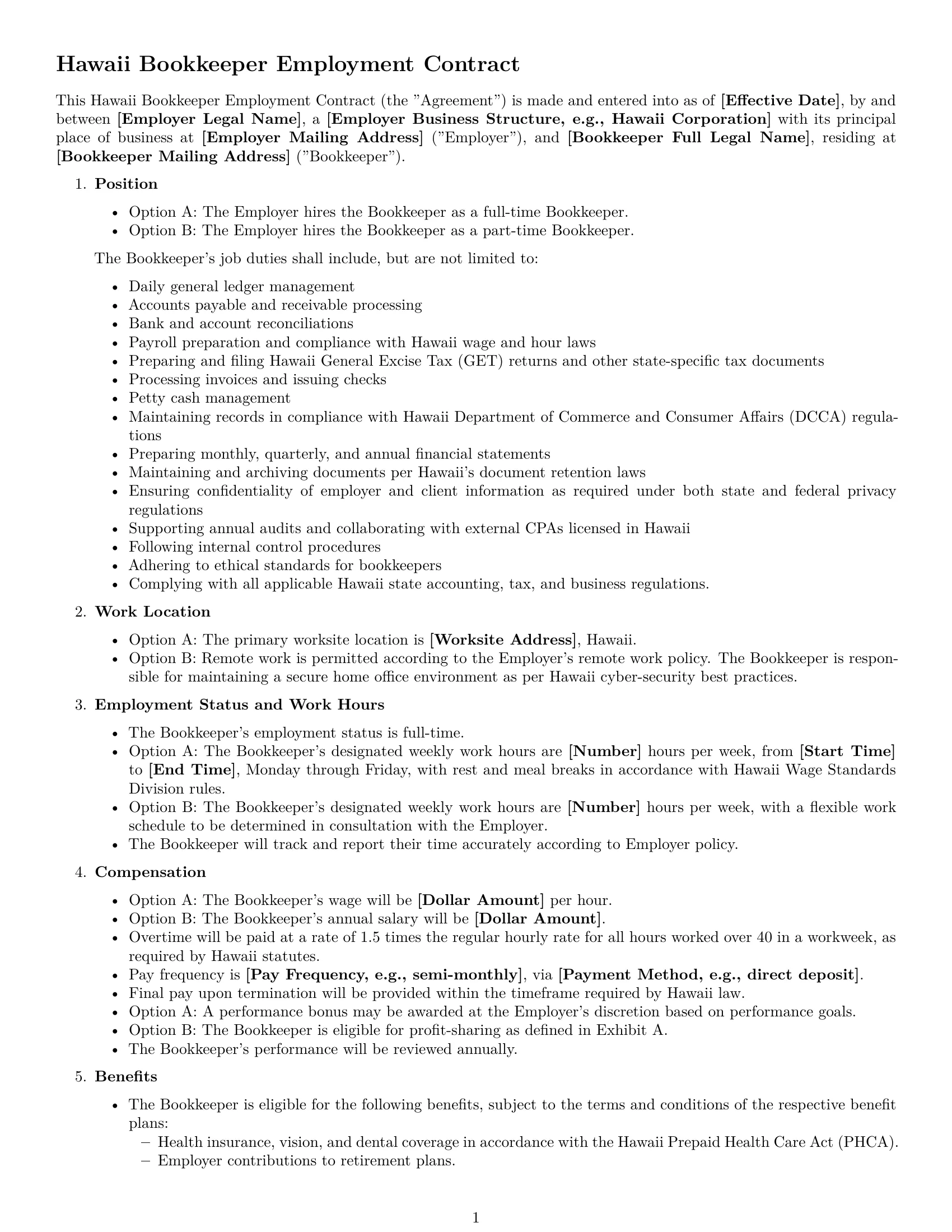 Preview page 1 of Free Hawaii bookkeeper employment contract template
