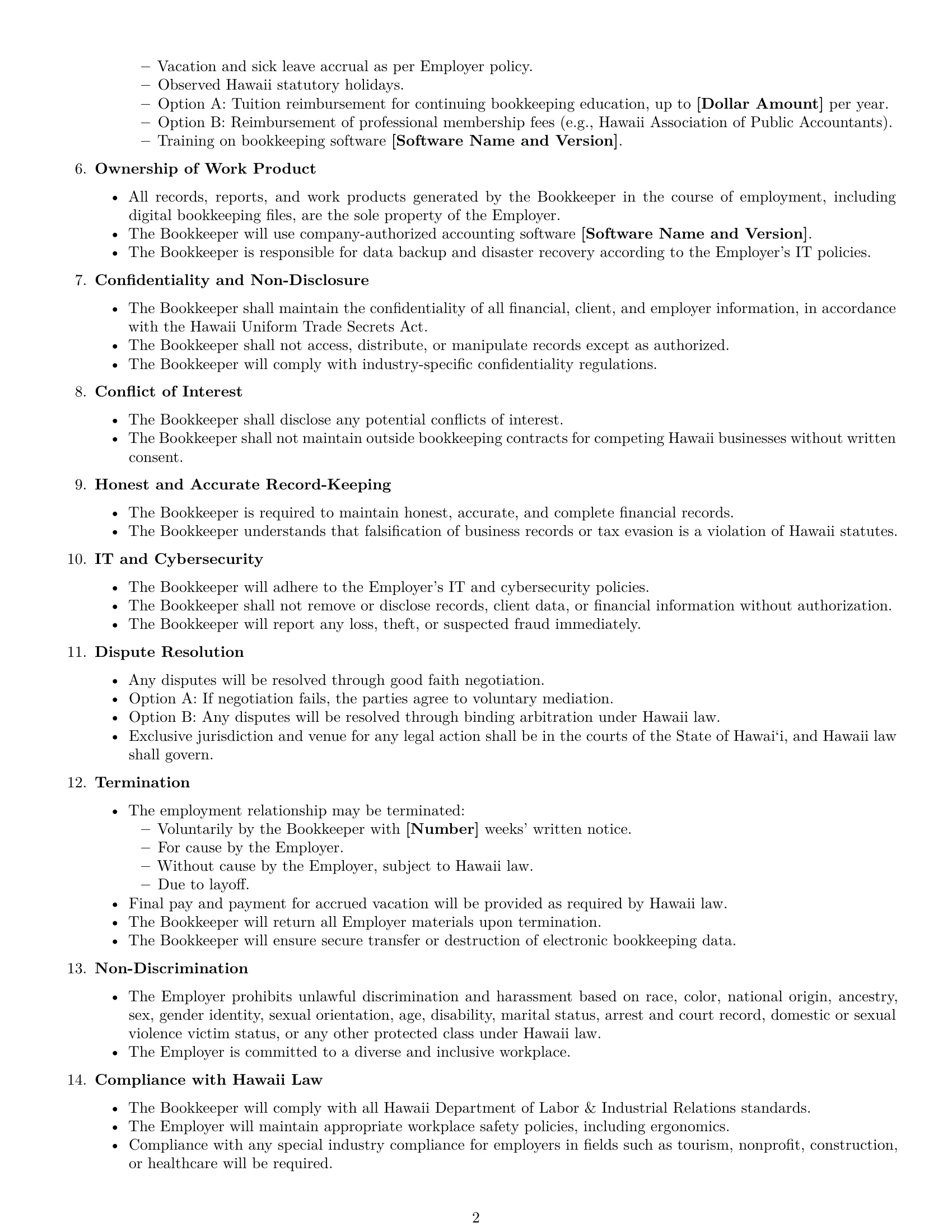 Preview page 2 of Free Hawaii bookkeeper employment contract template