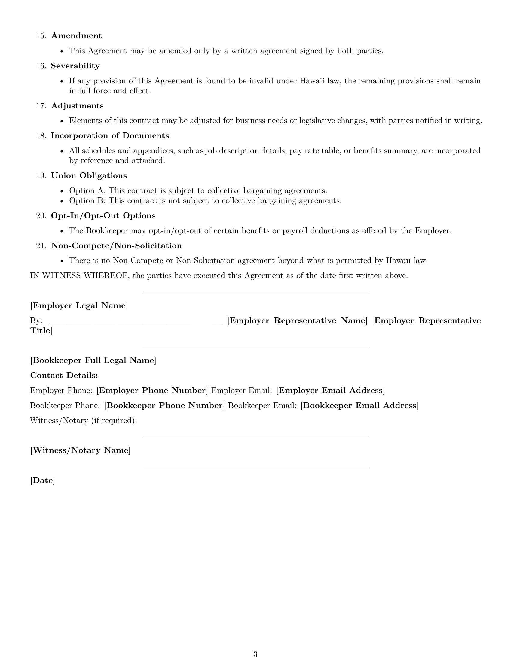 Preview page 3 of Free Hawaii bookkeeper employment contract template