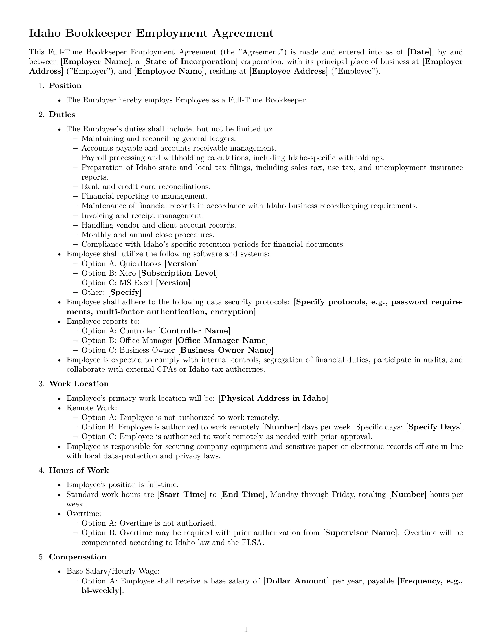 Preview page 1 of Free Idaho bookkeeper employment contract template