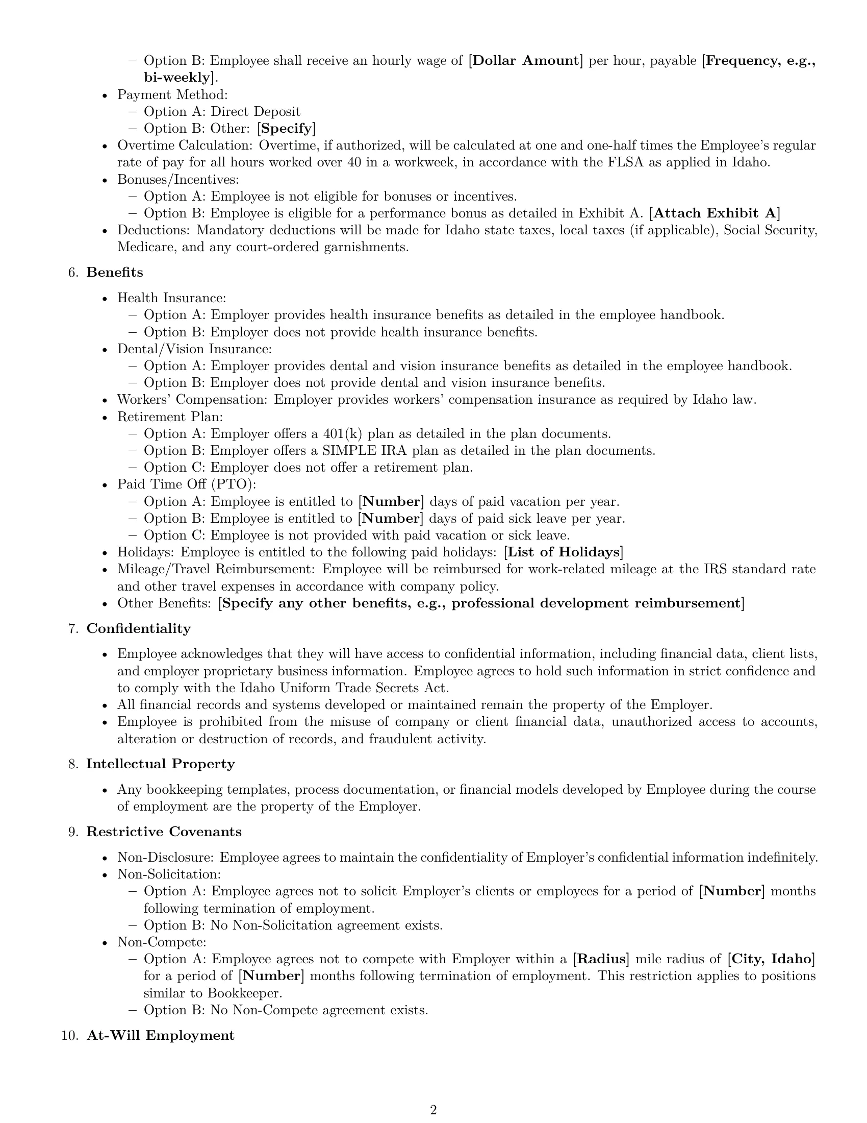 Preview page 2 of Free Idaho bookkeeper employment contract template