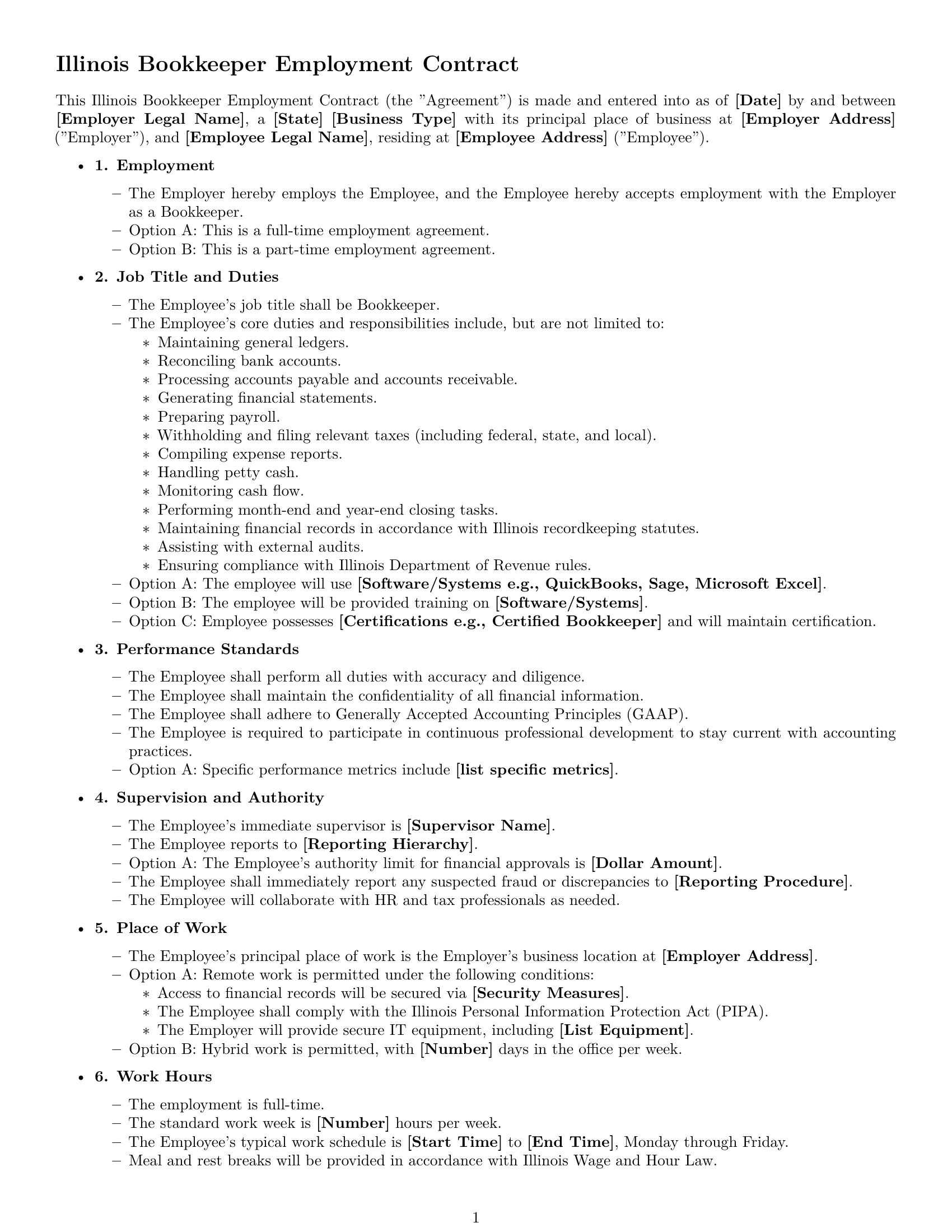 Preview page 1 of Free Illinois bookkeeper employment contract template