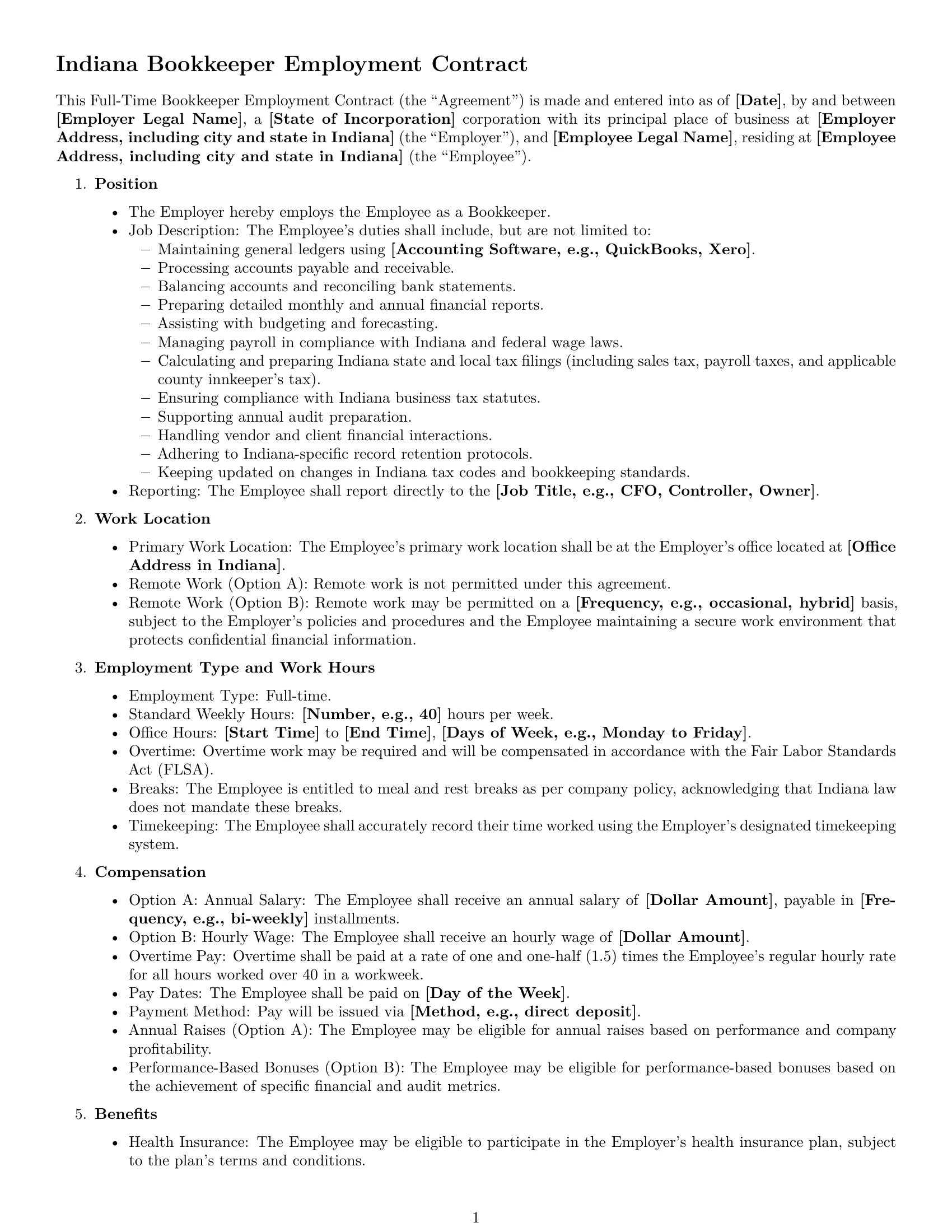 Preview page 1 of Free Indiana bookkeeper employment contract template