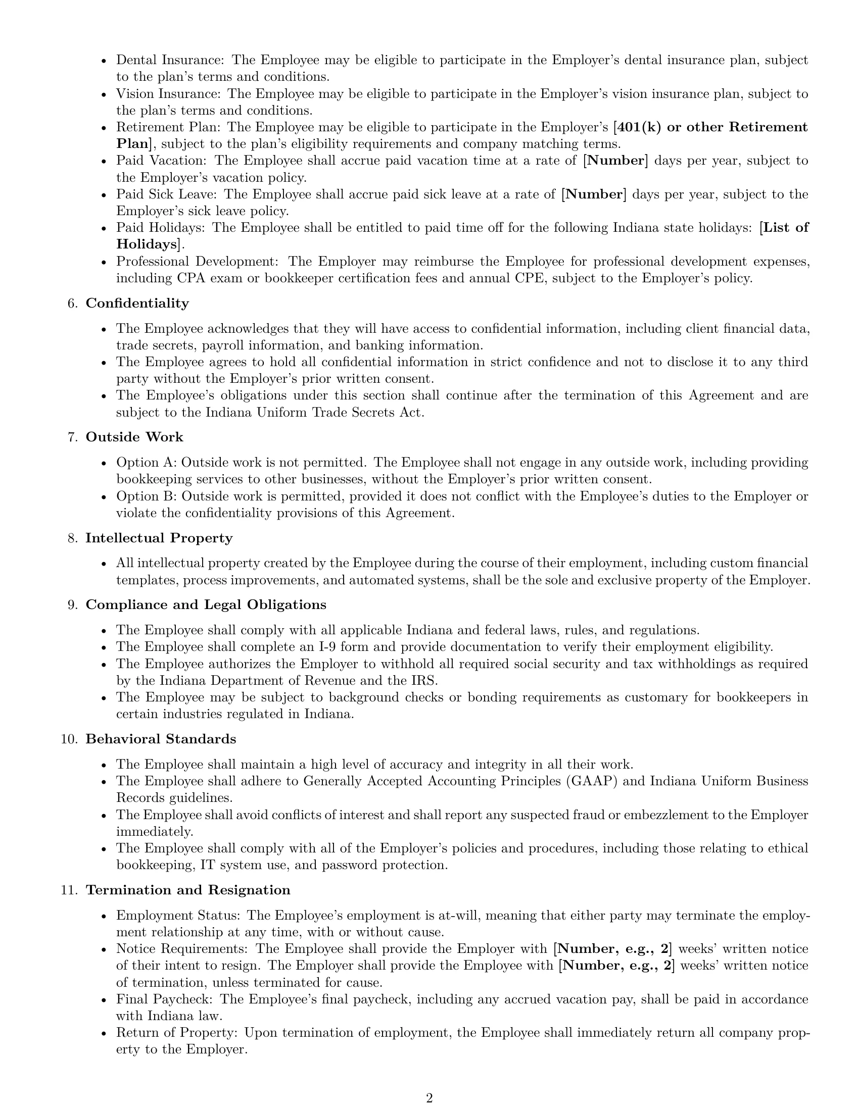 Preview page 2 of Free Indiana bookkeeper employment contract template