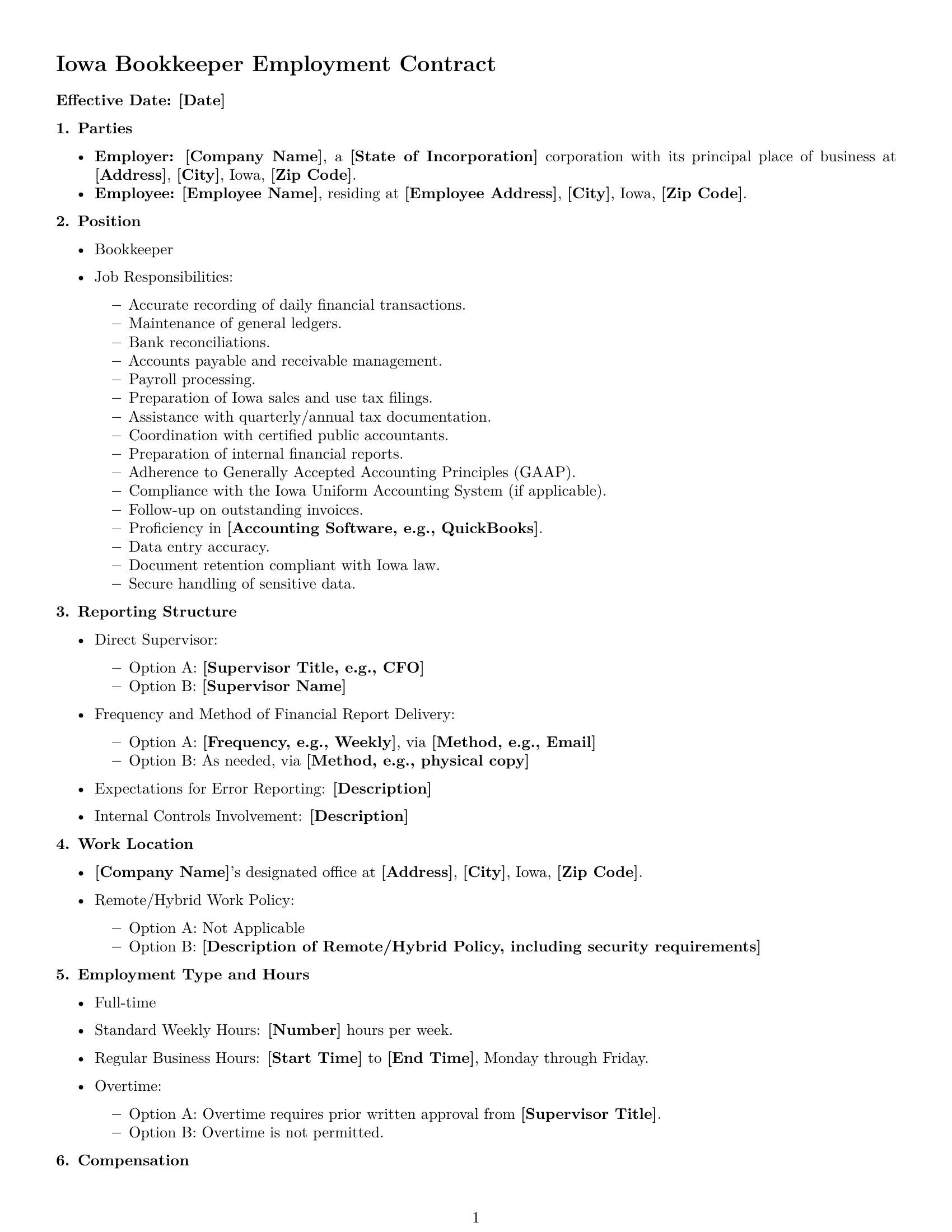 Preview page 1 of Free Iowa bookkeeper employment contract template