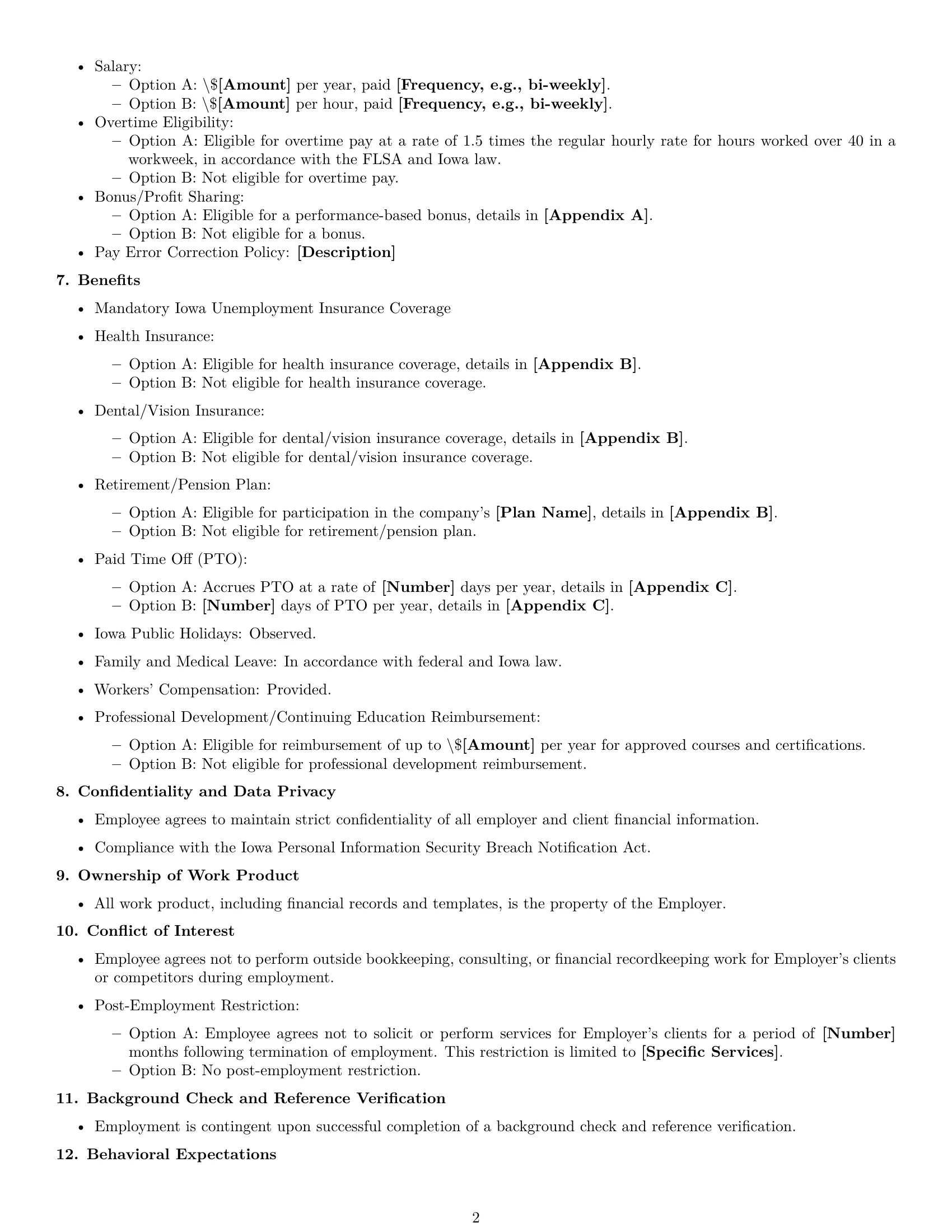Preview page 2 of Free Iowa bookkeeper employment contract template