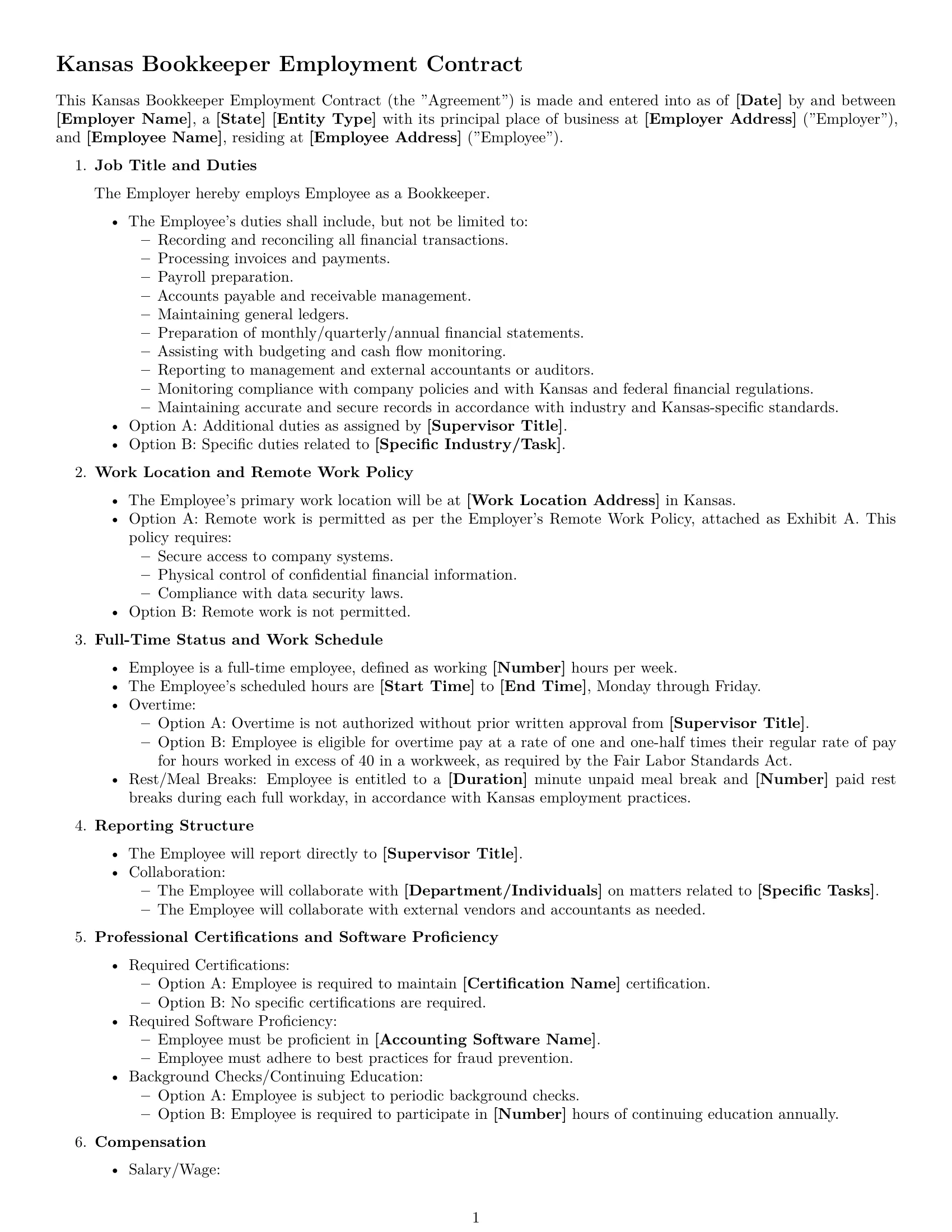 Preview page 1 of Free Kansas bookkeeper employment contract template