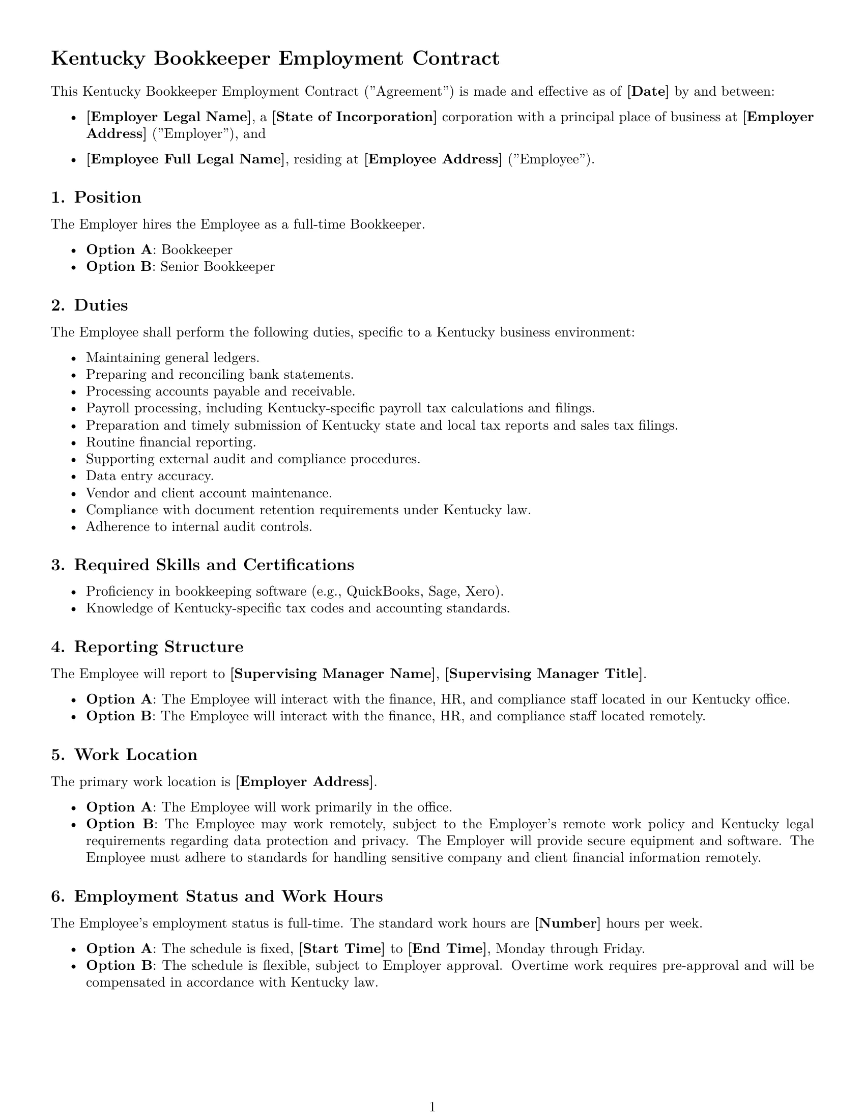 Preview page 1 of Free Kentucky bookkeeper employment contract template