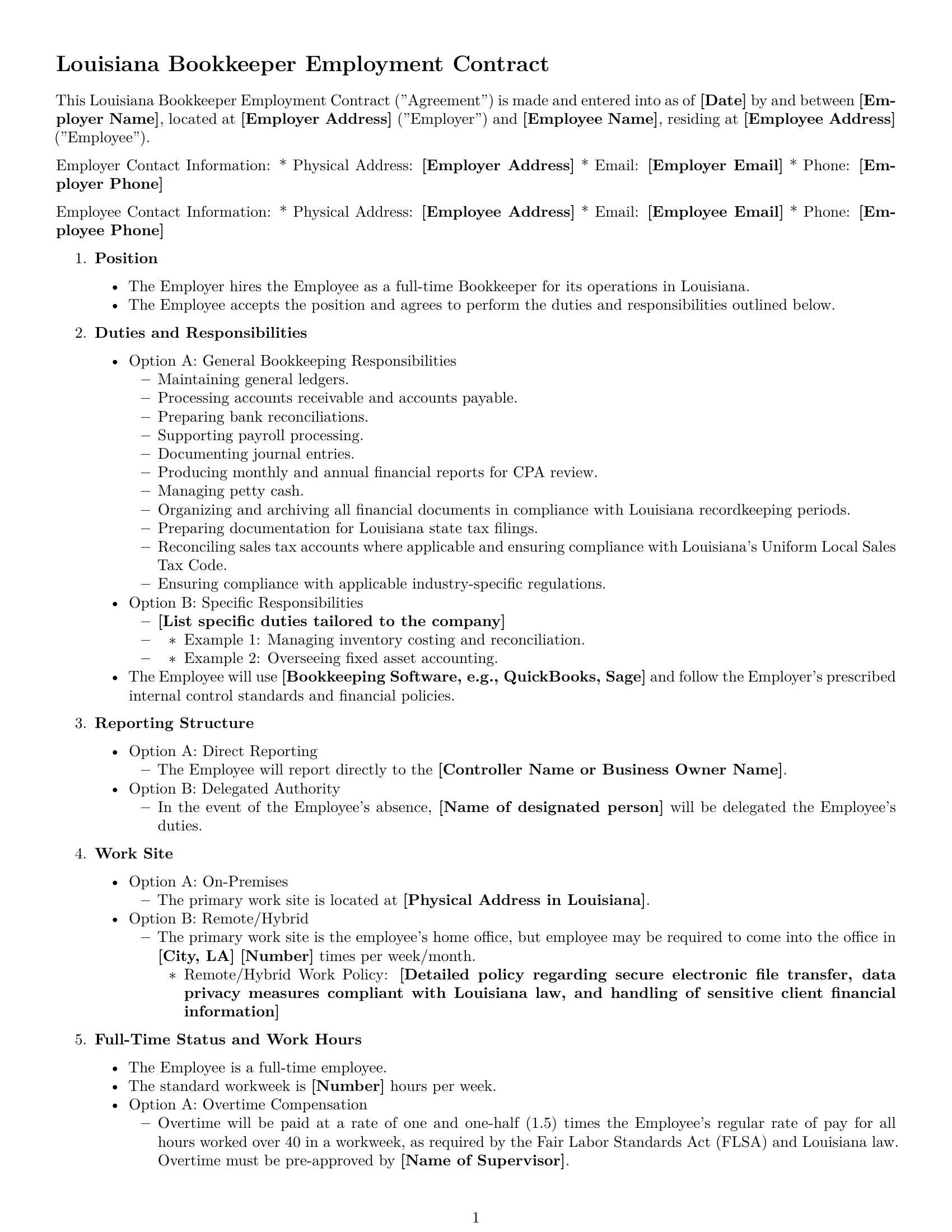 Preview page 1 of Free Louisiana bookkeeper employment contract template