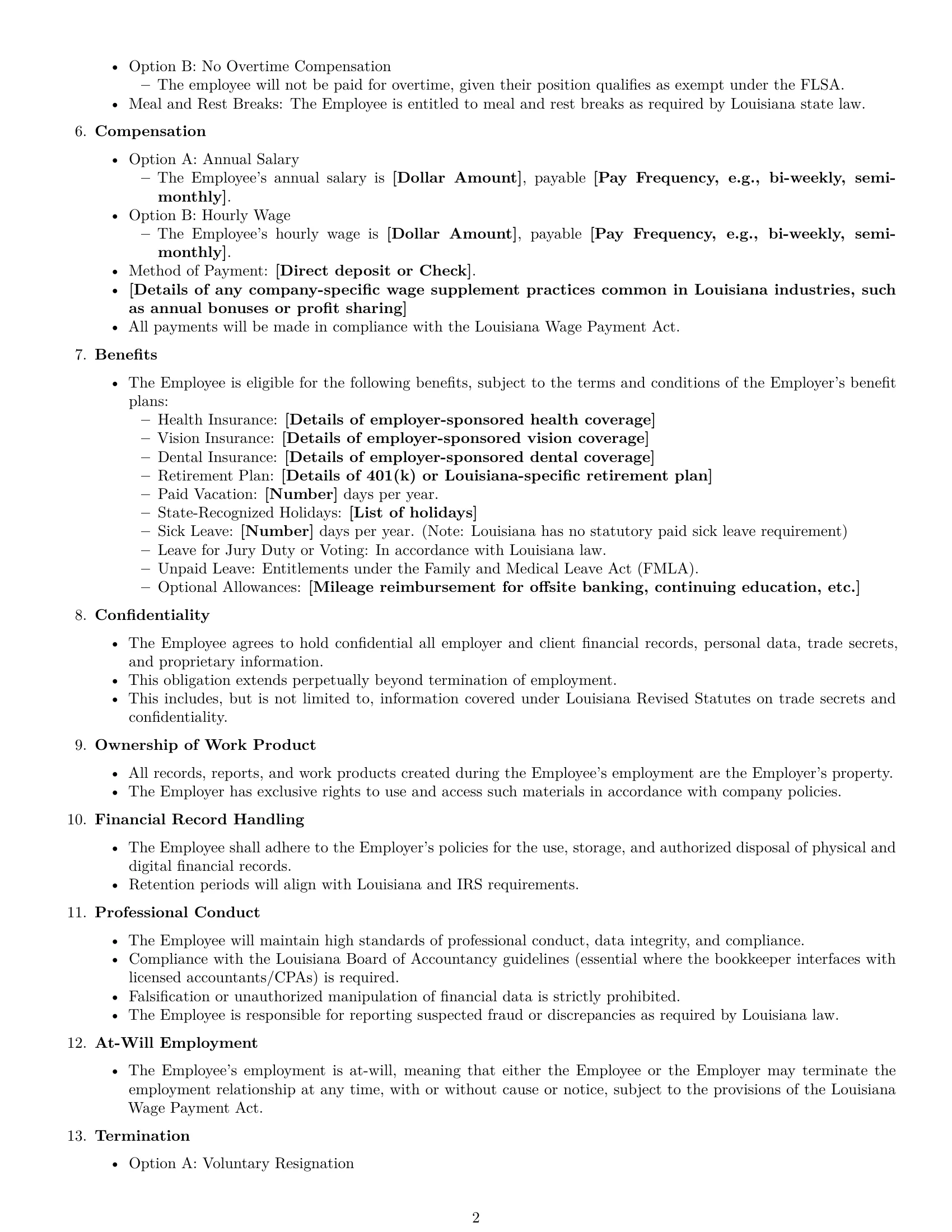 Preview page 2 of Free Louisiana bookkeeper employment contract template