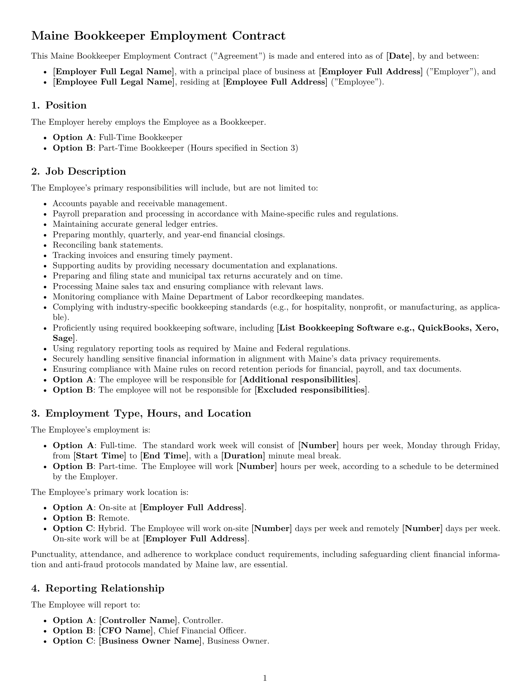 Preview page 1 of Free Maine bookkeeper employment contract template
