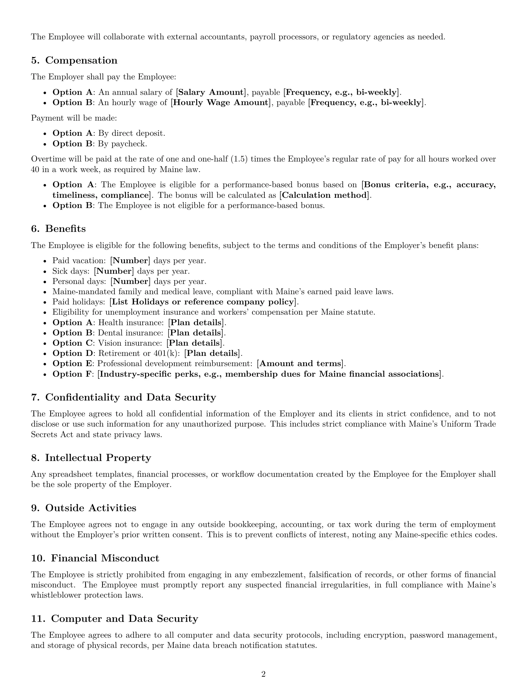 Preview page 2 of Free Maine bookkeeper employment contract template