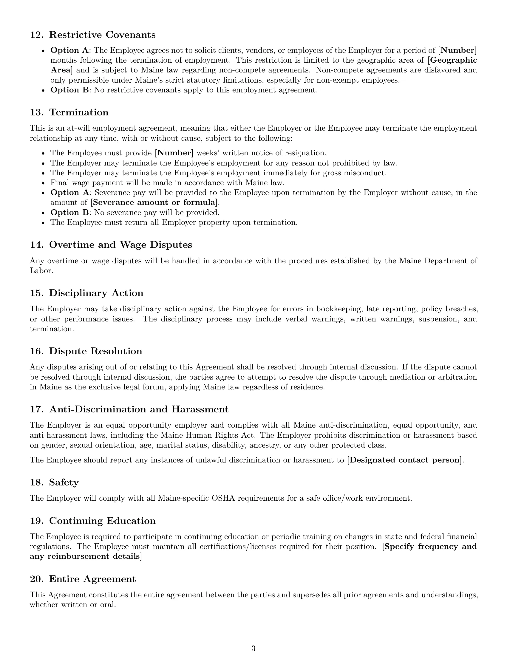 Preview page 3 of Free Maine bookkeeper employment contract template