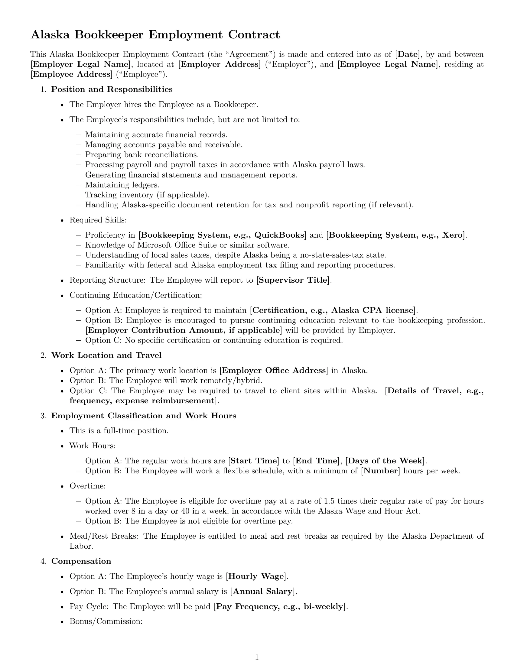 Preview page 1 of Free Alaska bookkeeper employment contract template
