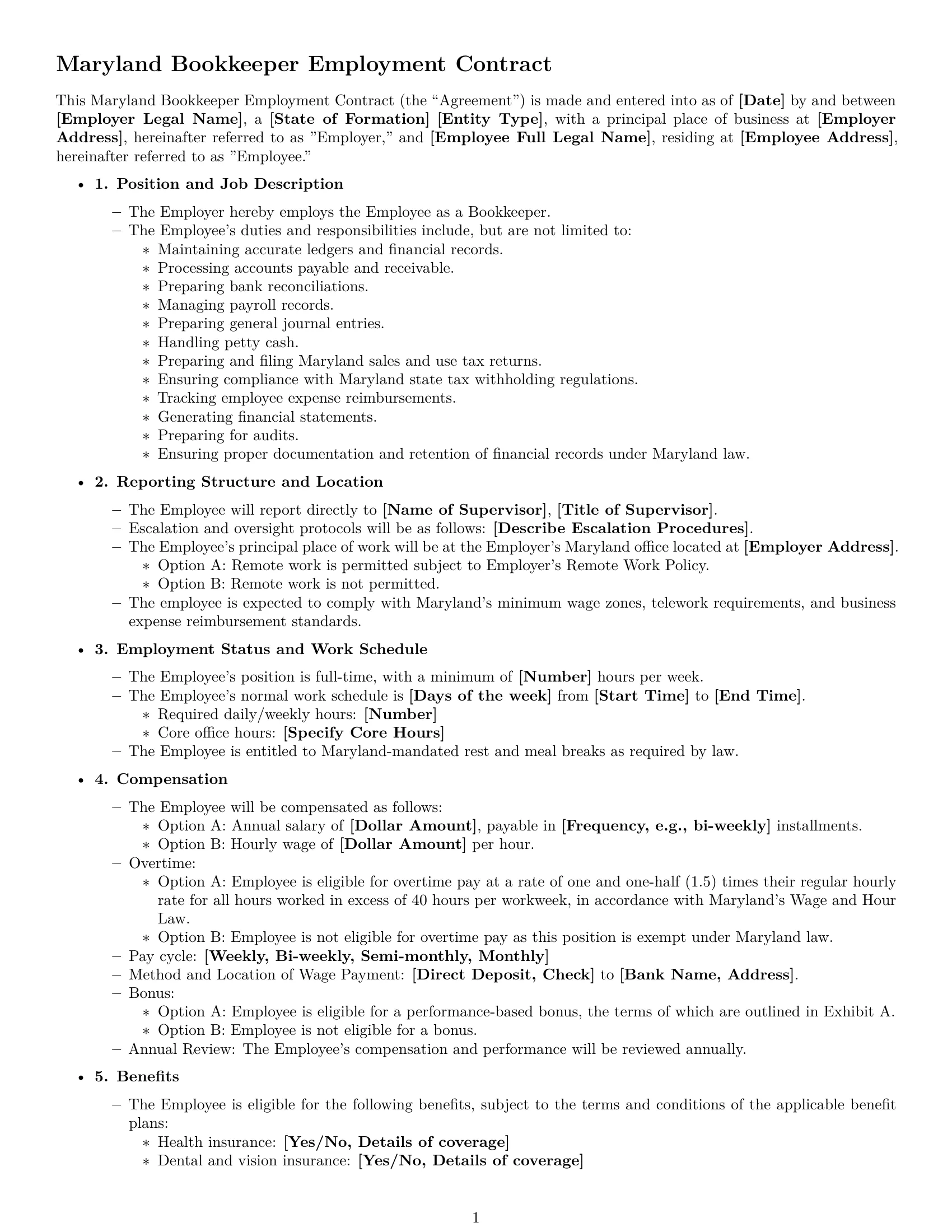 Preview page 1 of Free Maryland bookkeeper employment contract template