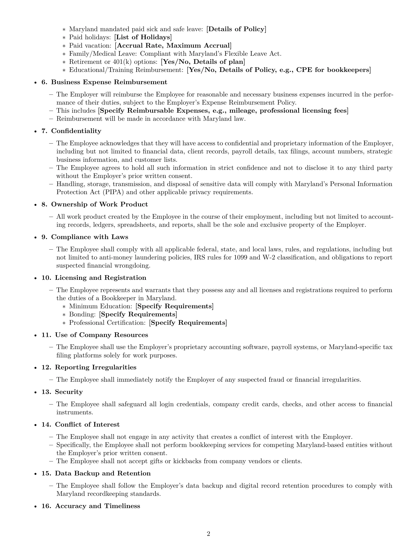 Preview page 2 of Free Maryland bookkeeper employment contract template