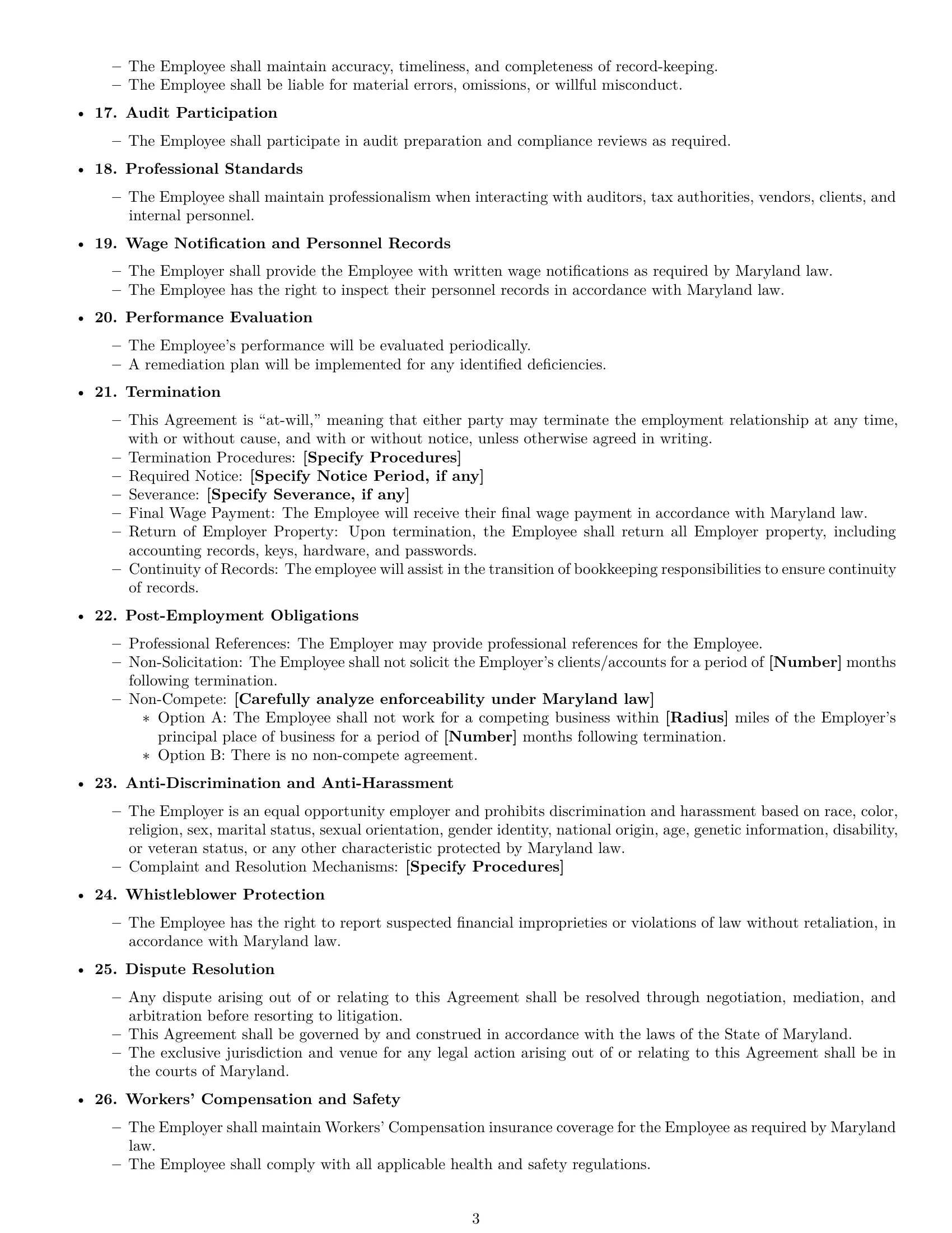 Preview page 3 of Free Maryland bookkeeper employment contract template