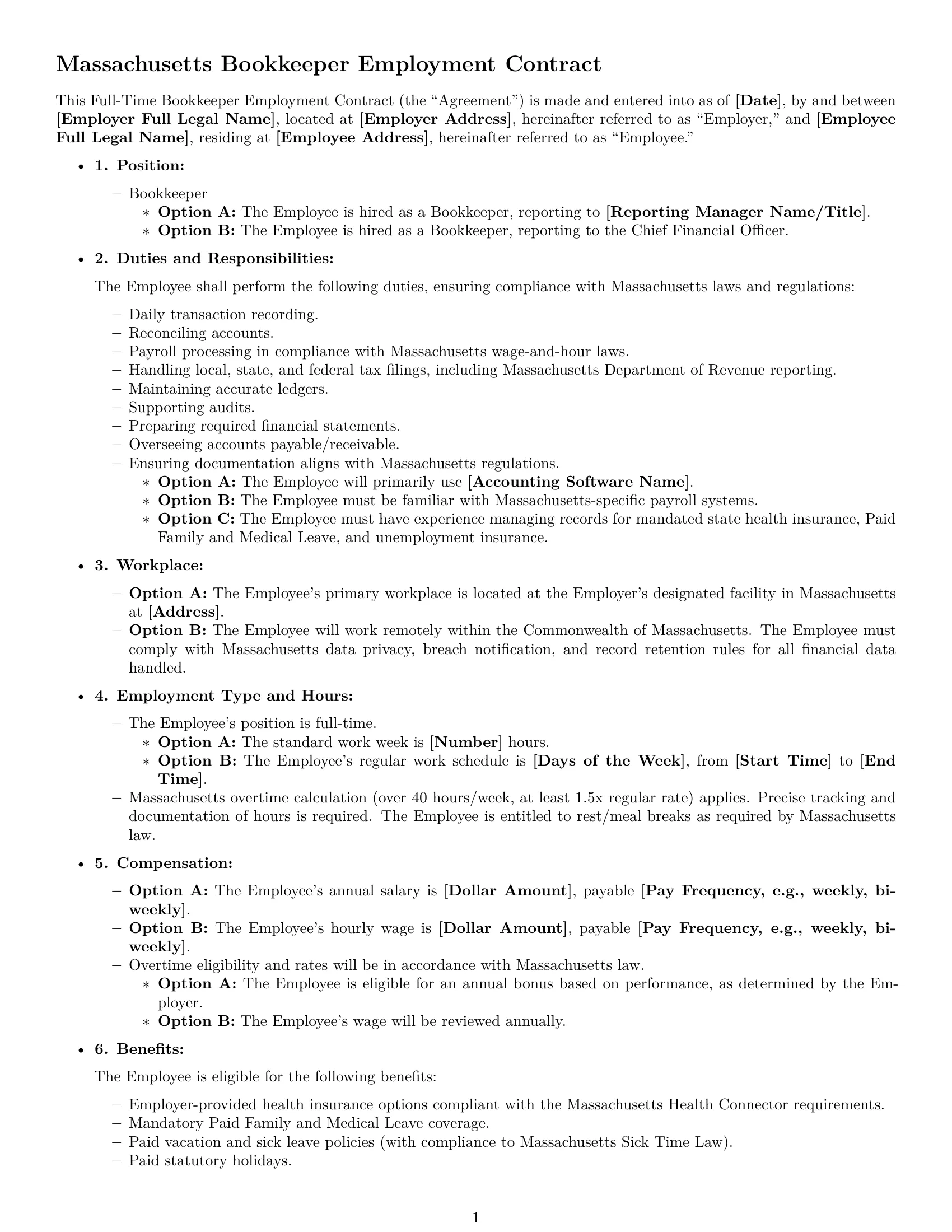 Preview page 1 of Free Massachusetts bookkeeper employment contract template