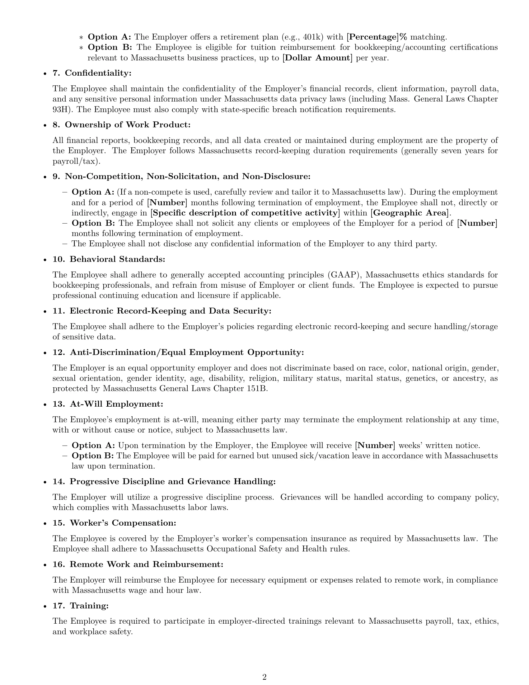 Preview page 2 of Free Massachusetts bookkeeper employment contract template
