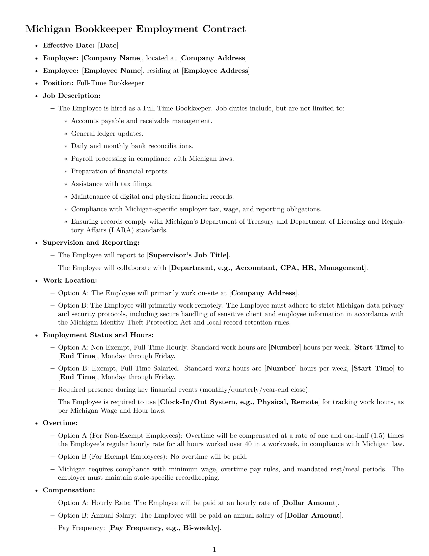 Preview page 1 of Free Michigan bookkeeper employment contract template