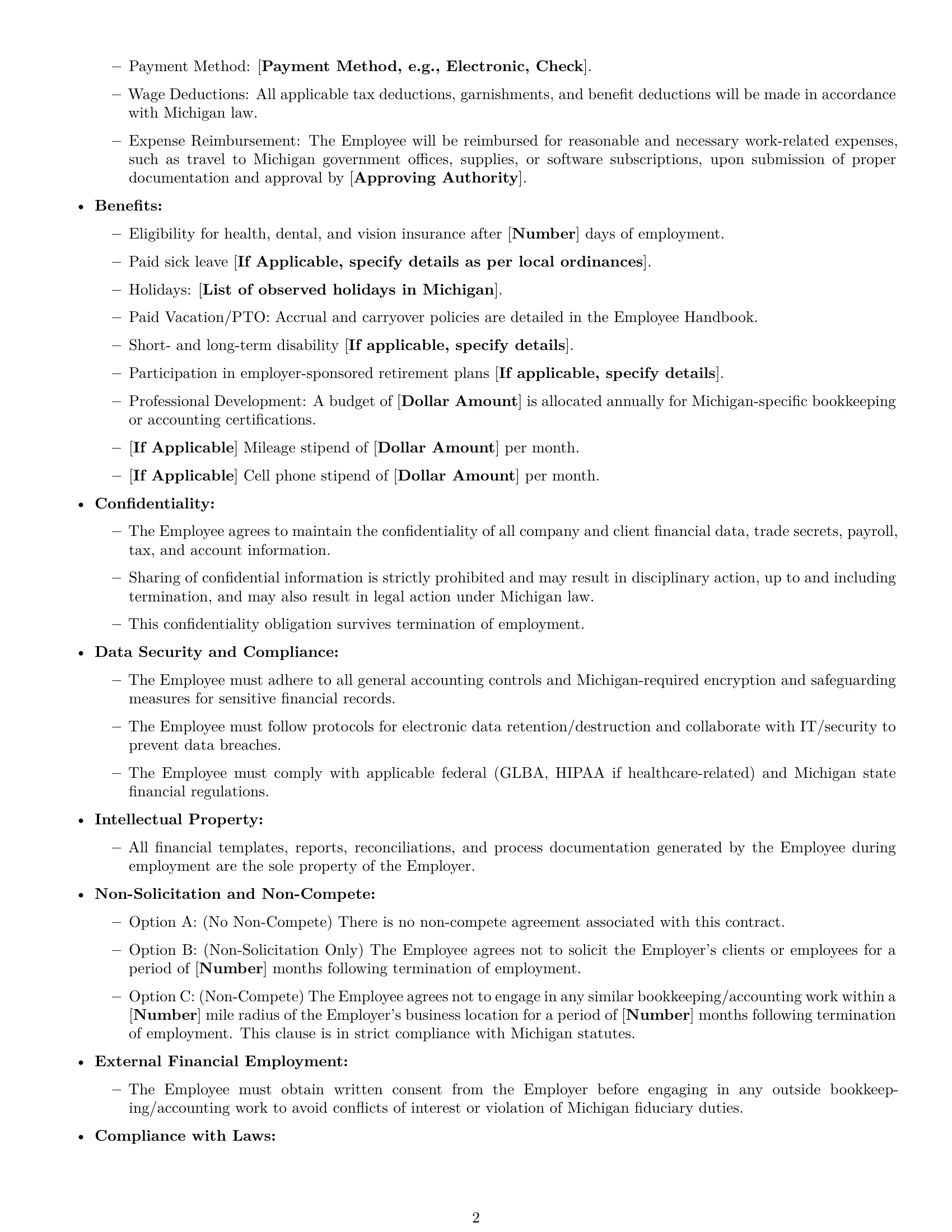 Preview page 2 of Free Michigan bookkeeper employment contract template