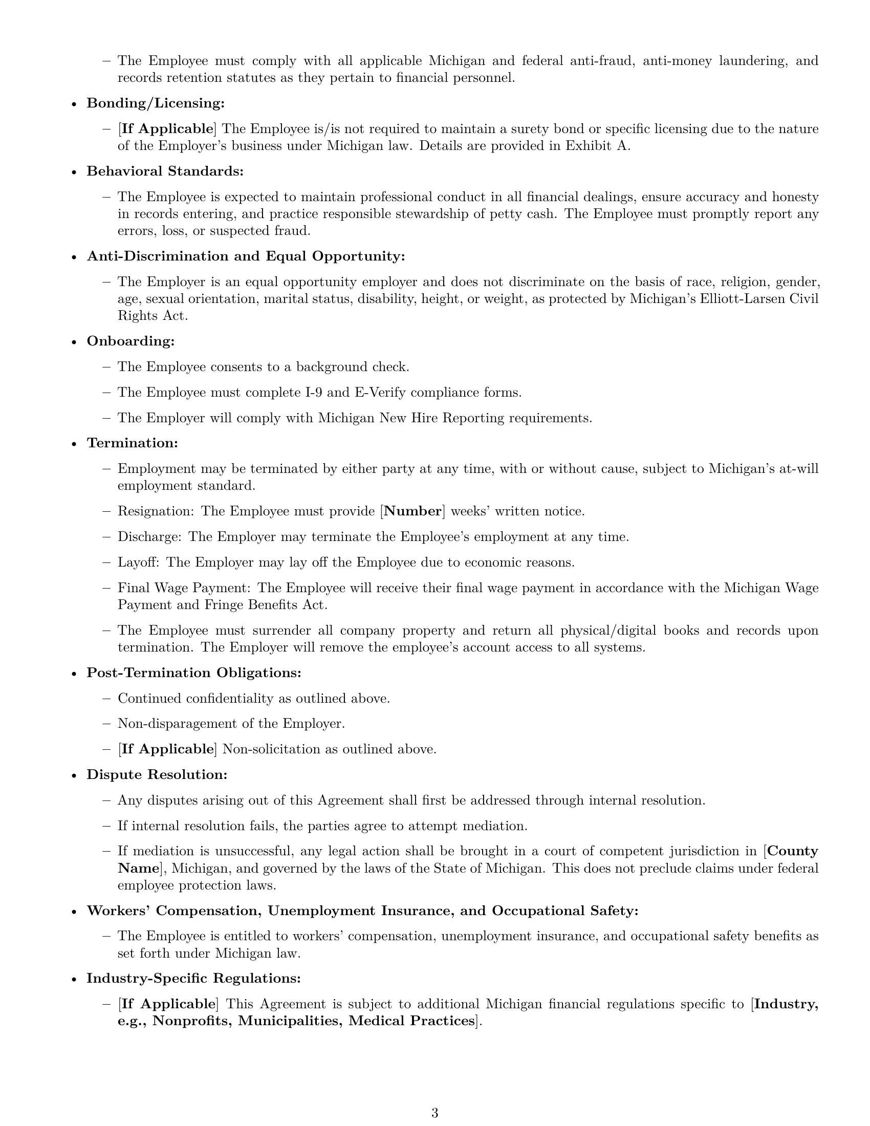 Preview page 3 of Free Michigan bookkeeper employment contract template