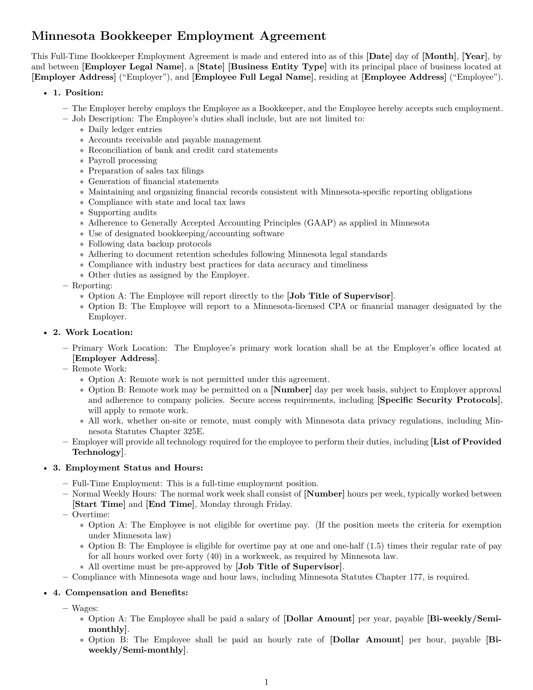 Preview page 1 of Free Minnesota bookkeeper employment contract template