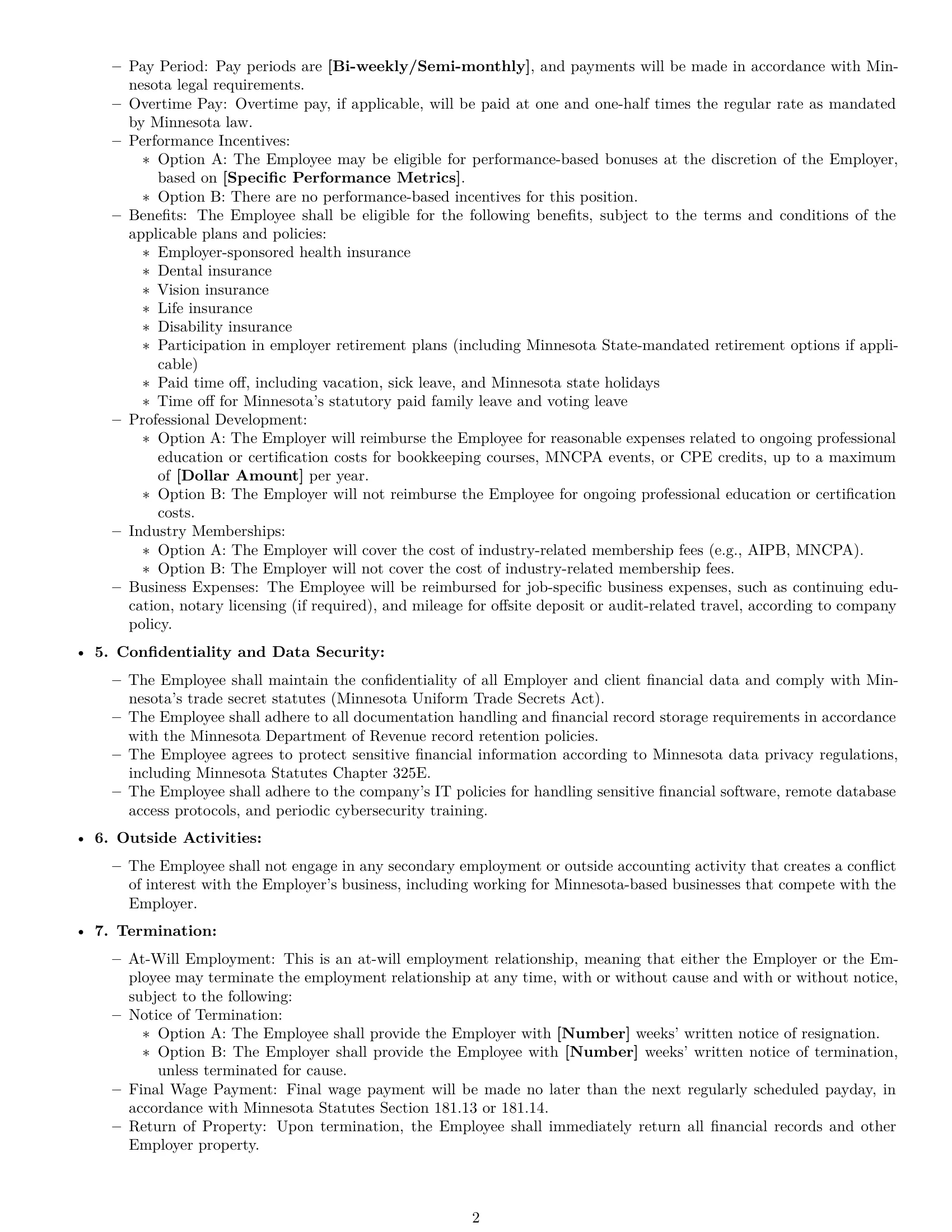 Preview page 2 of Free Minnesota bookkeeper employment contract template