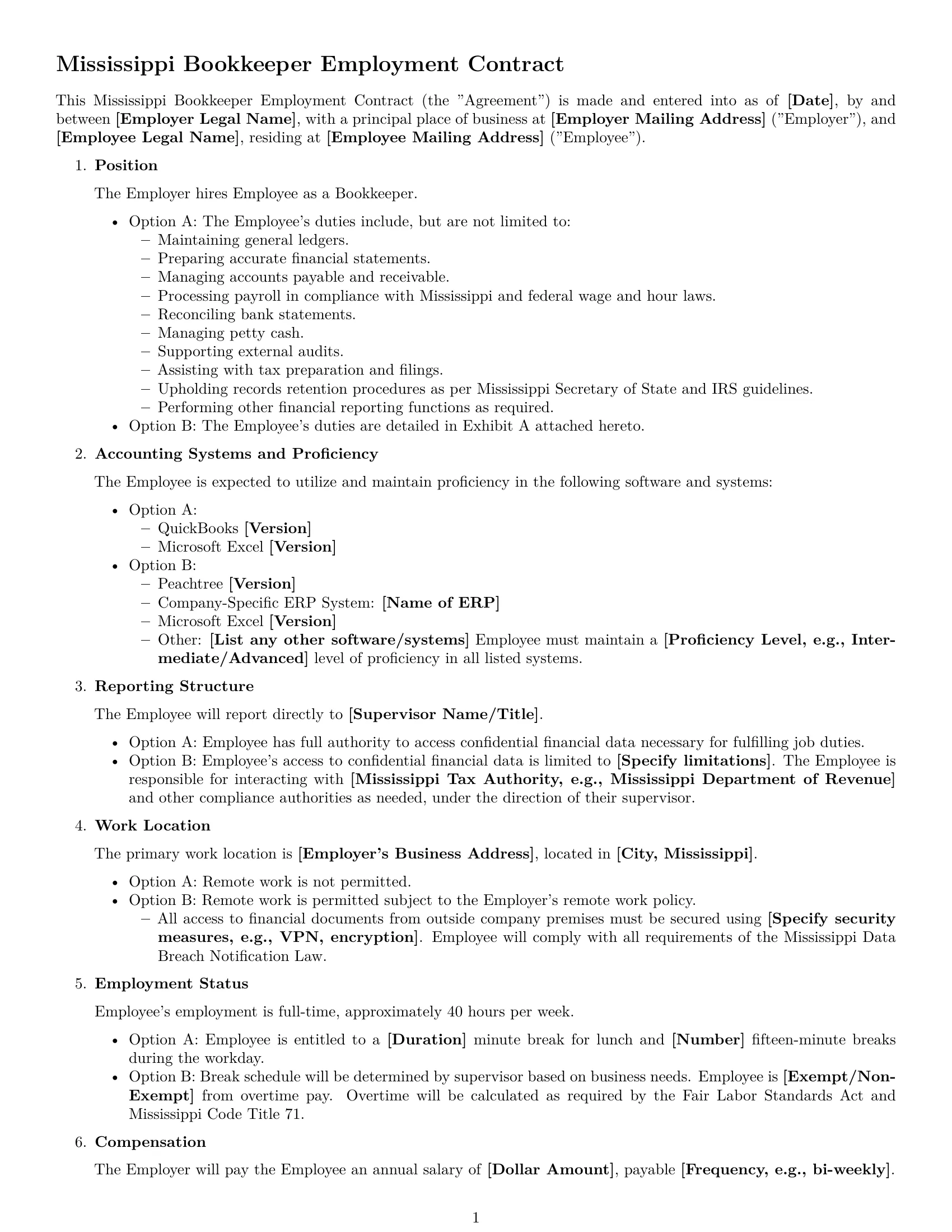 Preview page 1 of Free Mississippi bookkeeper employment contract template