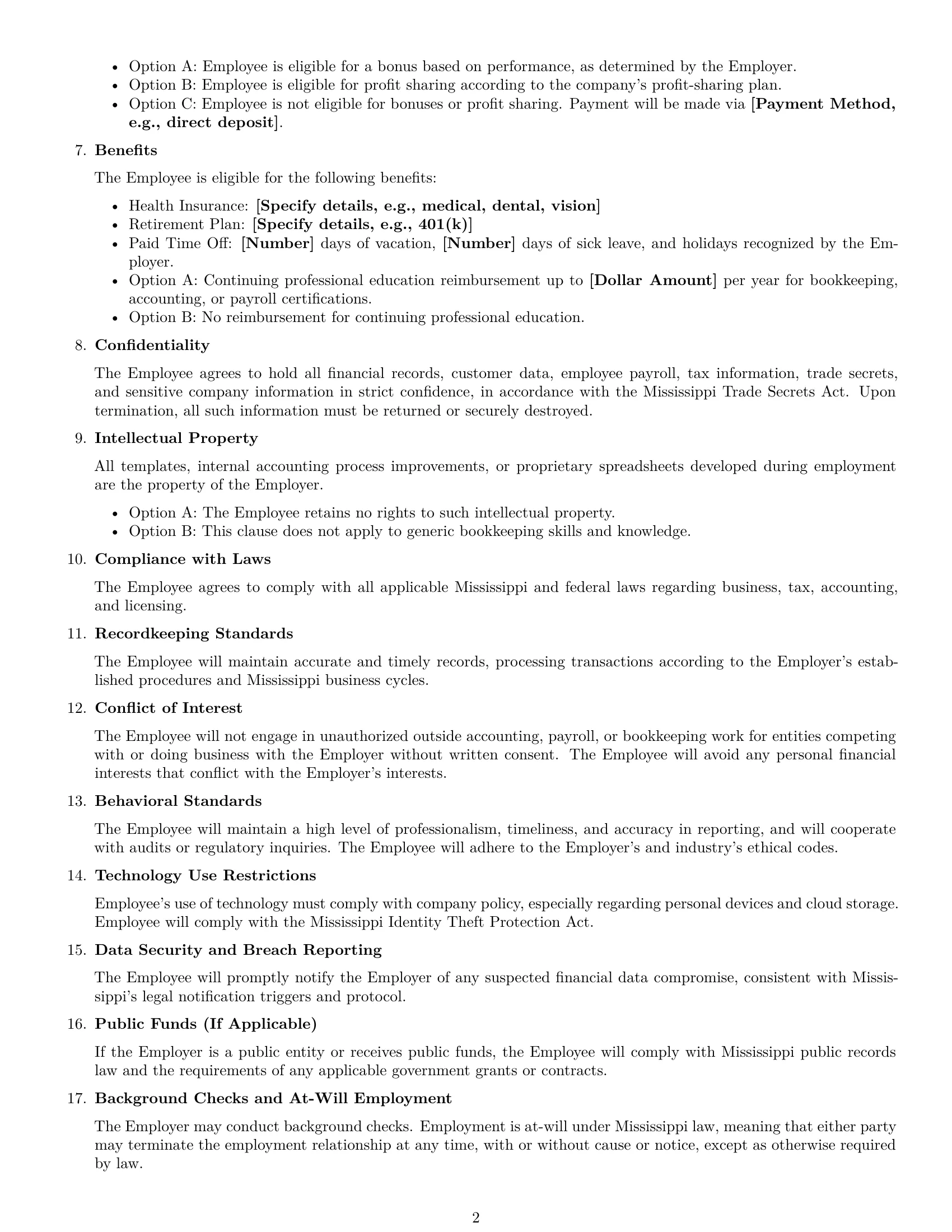 Preview page 2 of Free Mississippi bookkeeper employment contract template