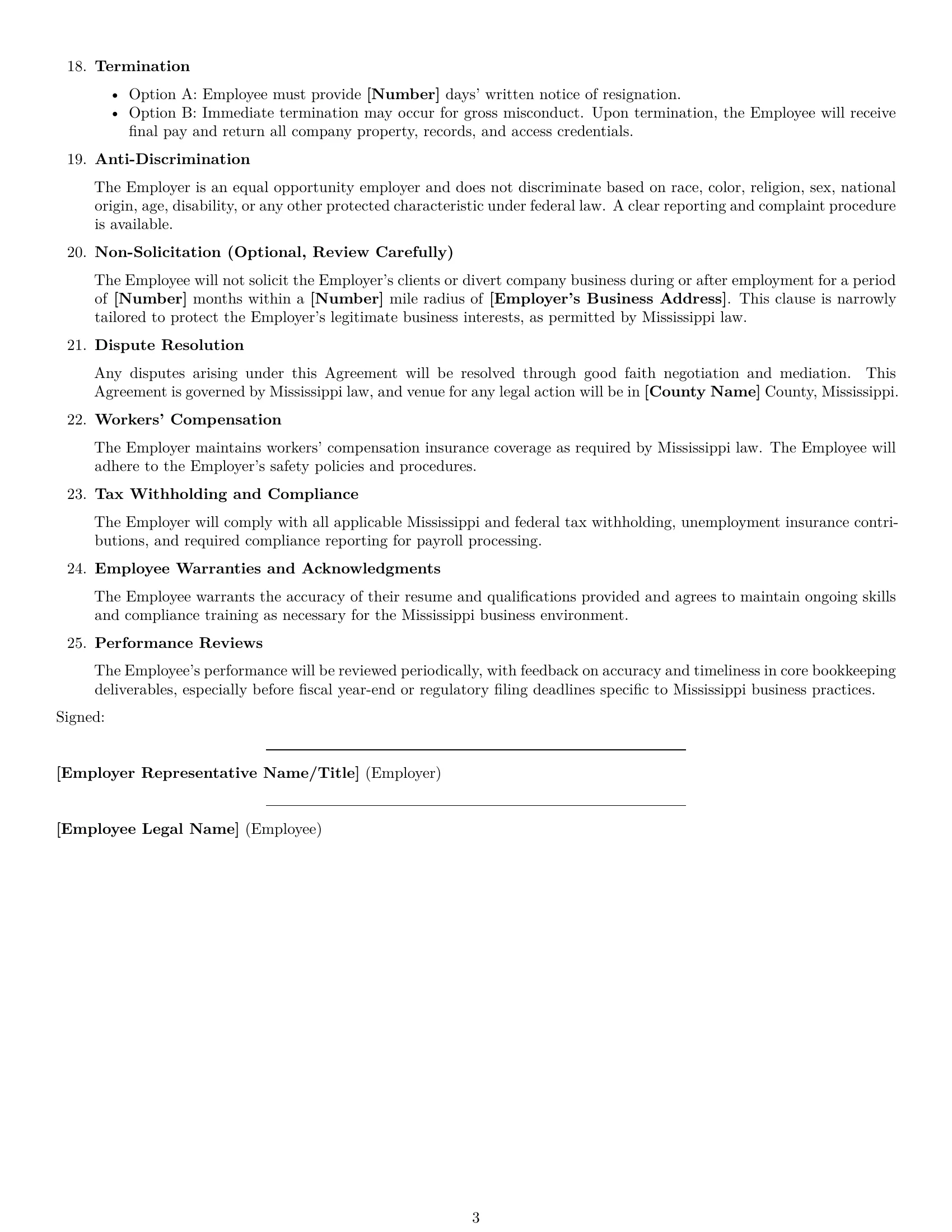 Preview page 3 of Free Mississippi bookkeeper employment contract template