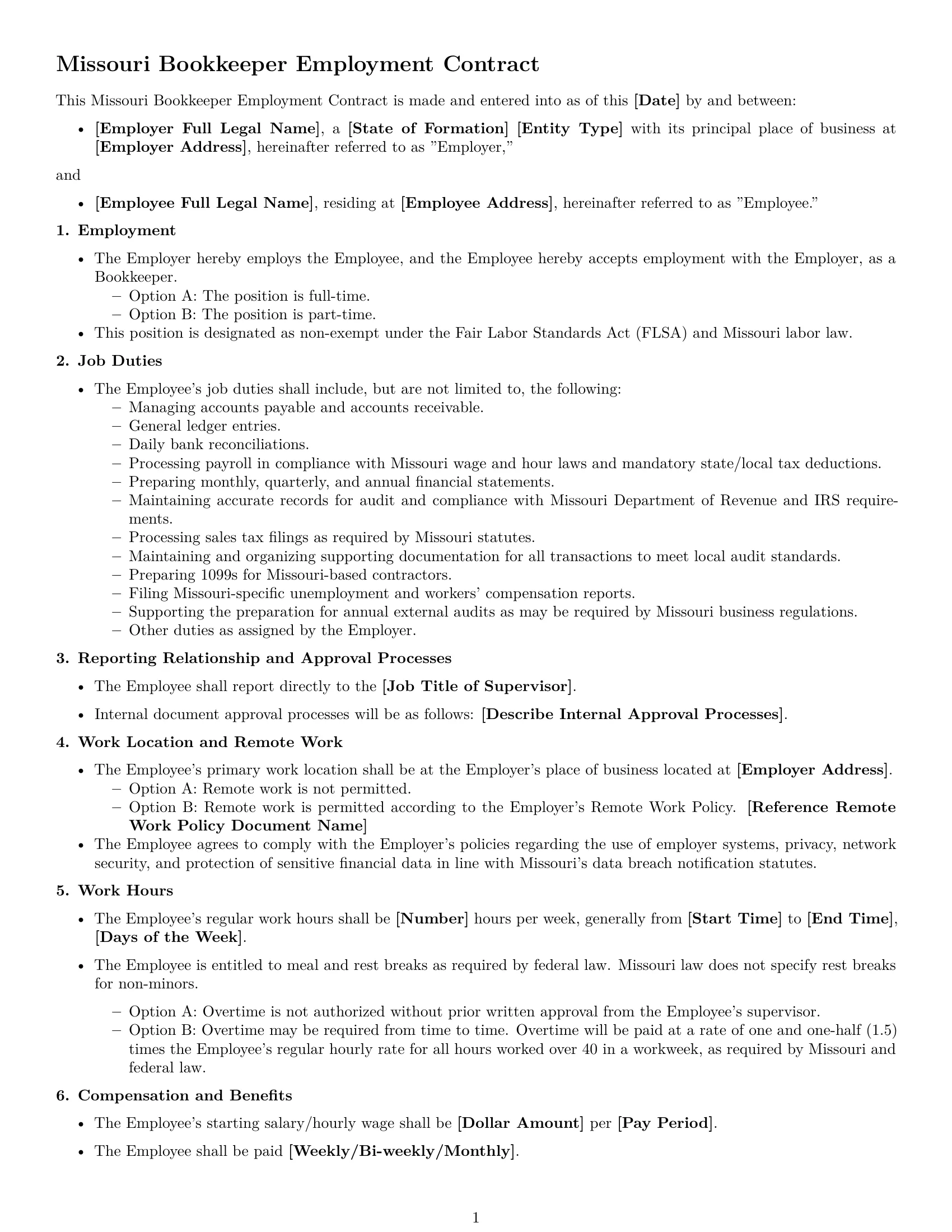 Preview page 1 of Free Missouri bookkeeper employment contract template