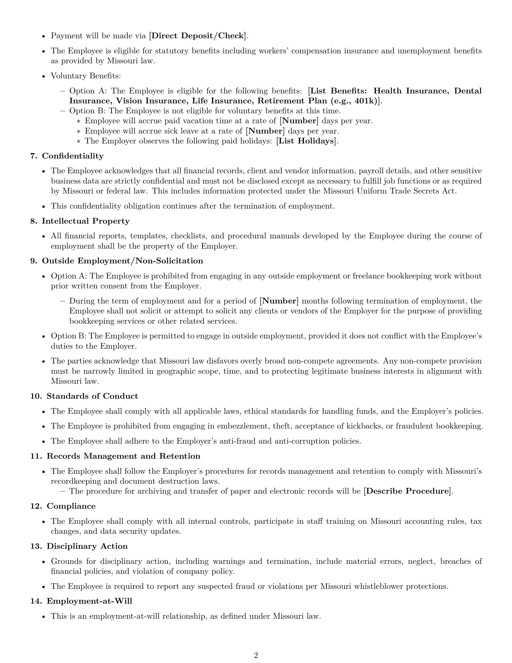 Preview page 2 of Free Missouri bookkeeper employment contract template