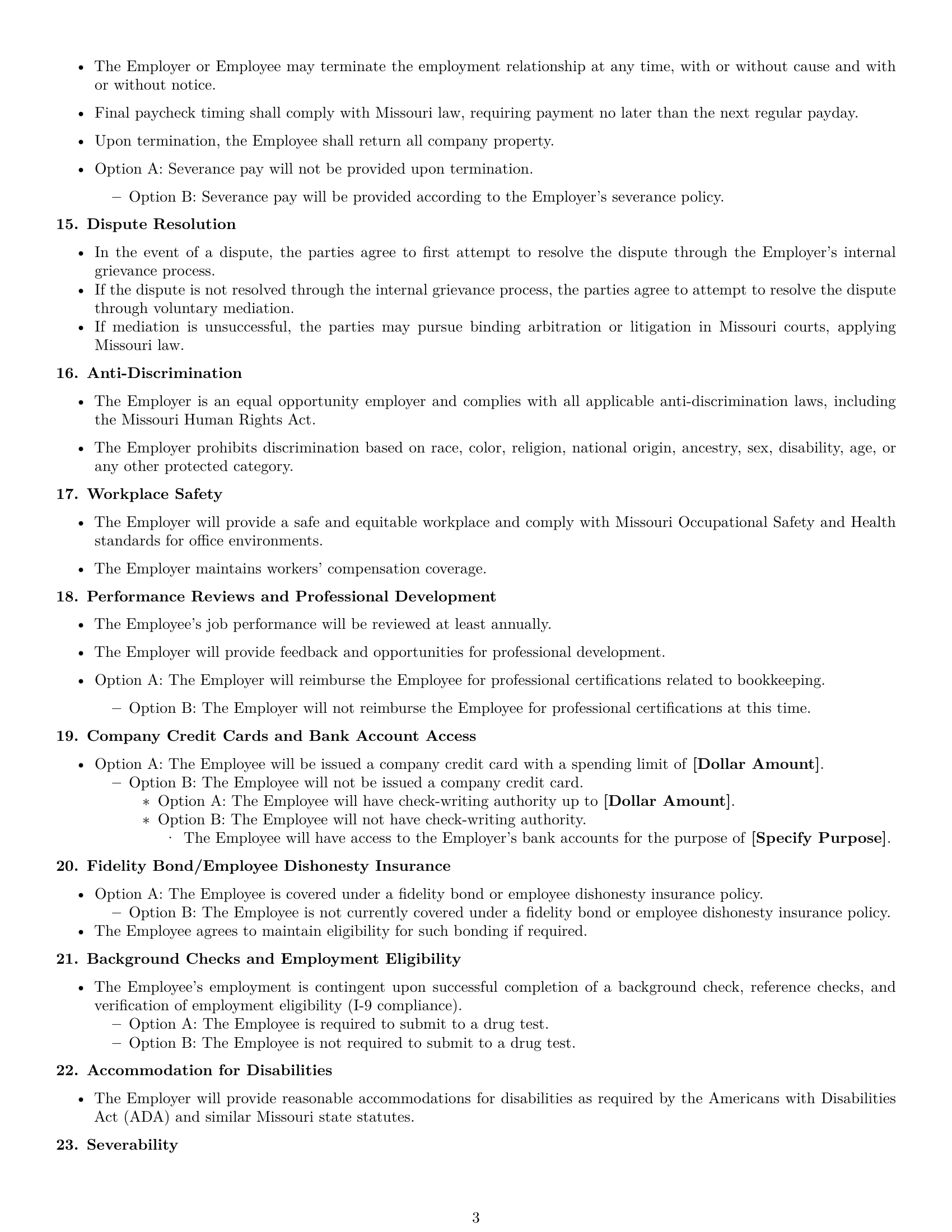 Preview page 3 of Free Missouri bookkeeper employment contract template