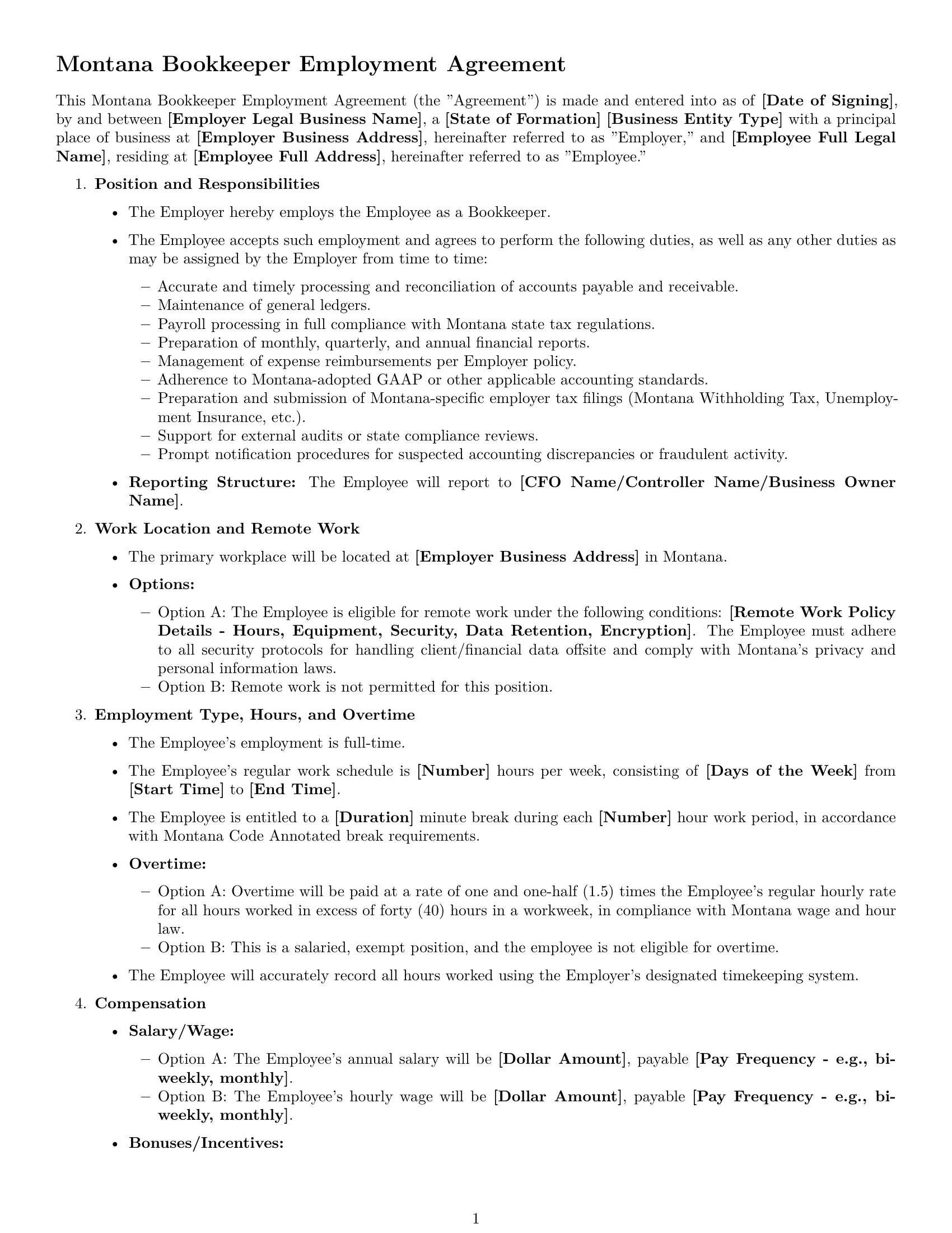 Preview page 1 of Free Montana bookkeeper employment contract template