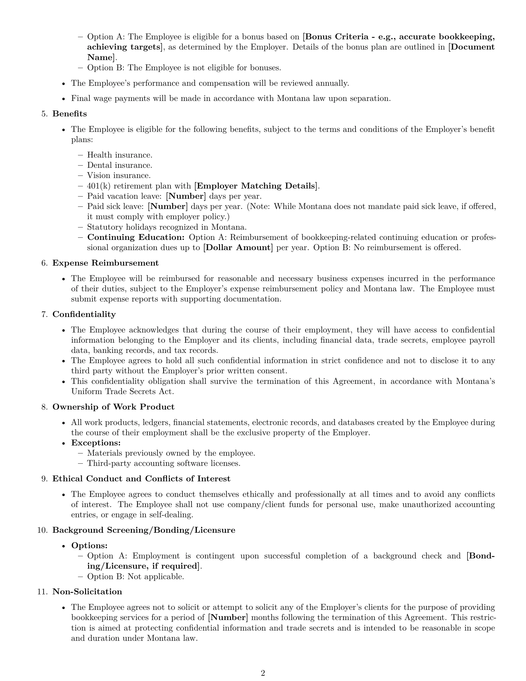 Preview page 2 of Free Montana bookkeeper employment contract template