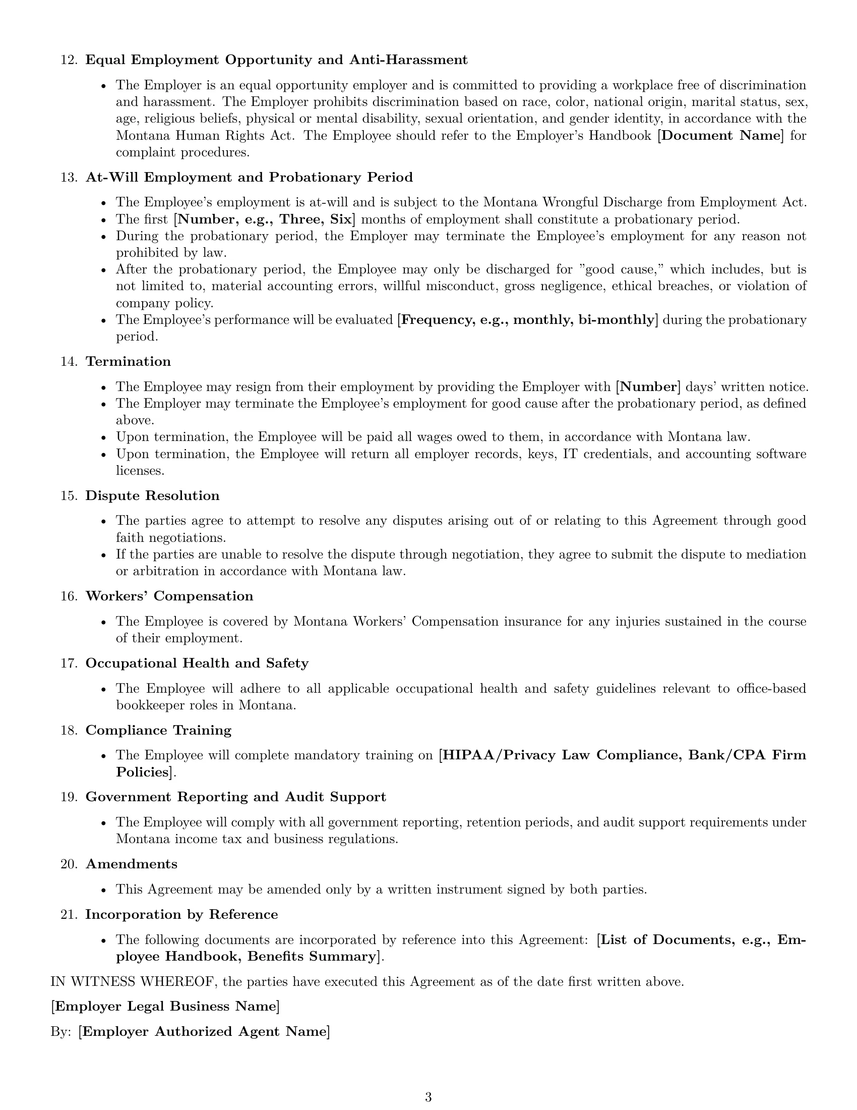Preview page 3 of Free Montana bookkeeper employment contract template