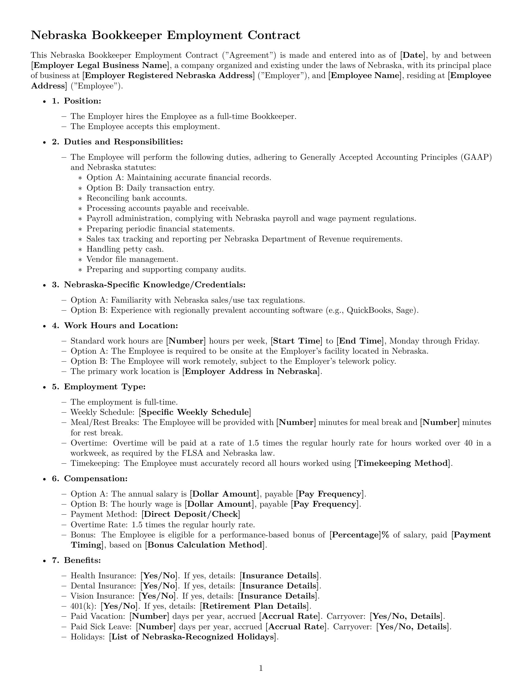 Preview page 1 of Free Nebraska bookkeeper employment contract template
