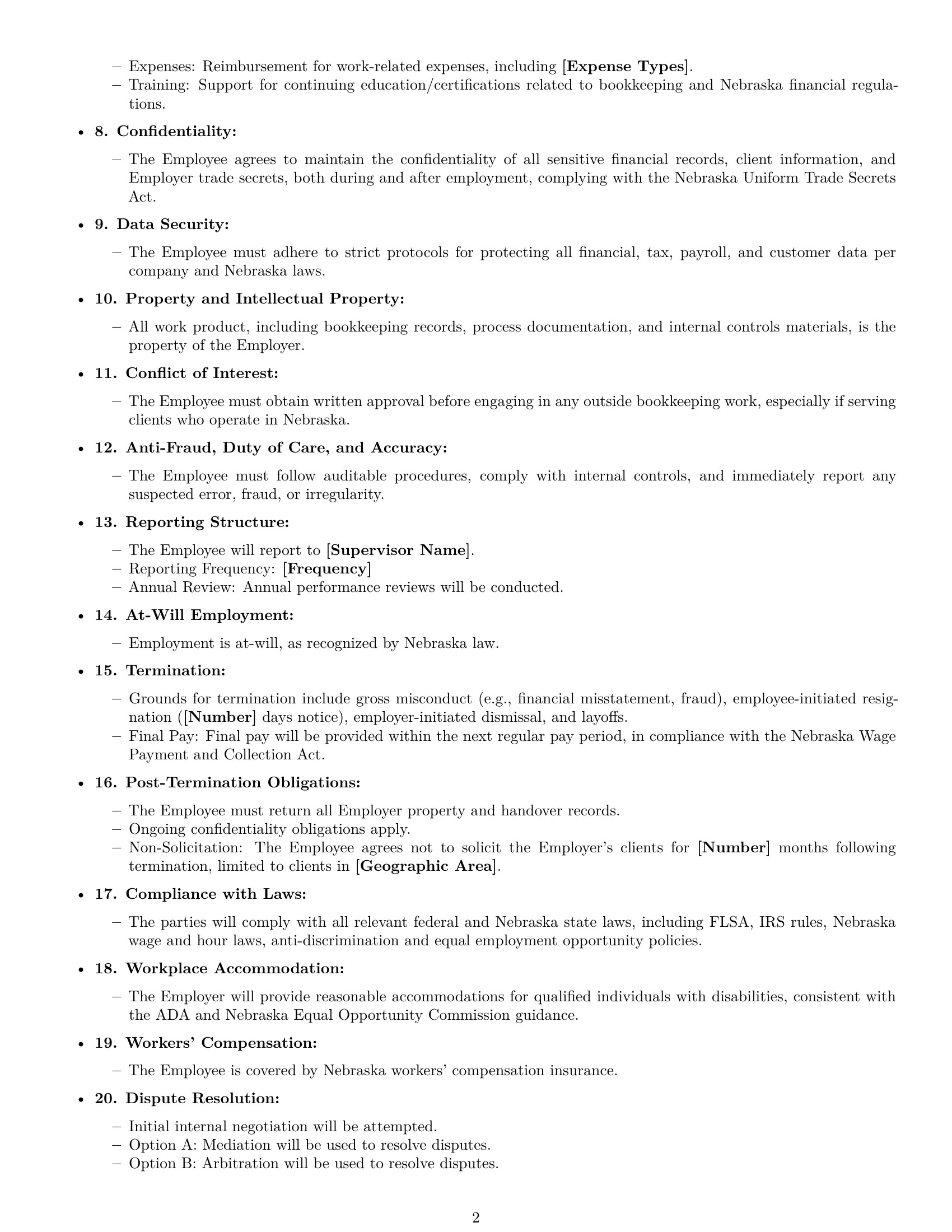Preview page 2 of Free Nebraska bookkeeper employment contract template