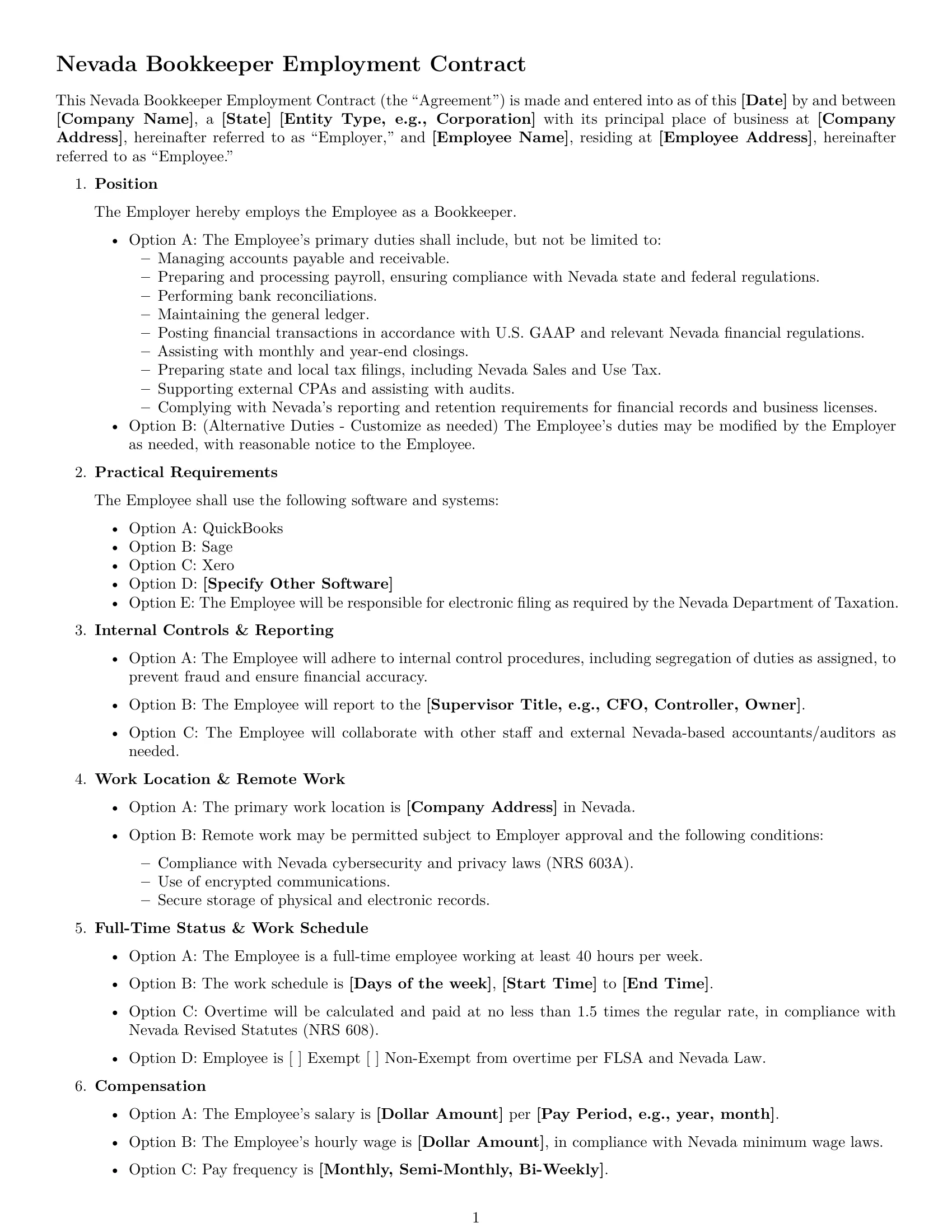 Preview page 1 of Free Nevada bookkeeper employment contract template